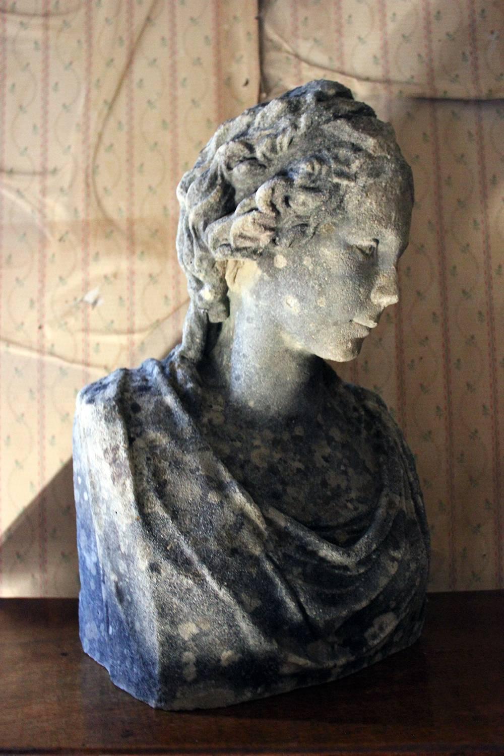 Victorian Period Weathered Stone Bust of a Classical Female, circa 1880 2