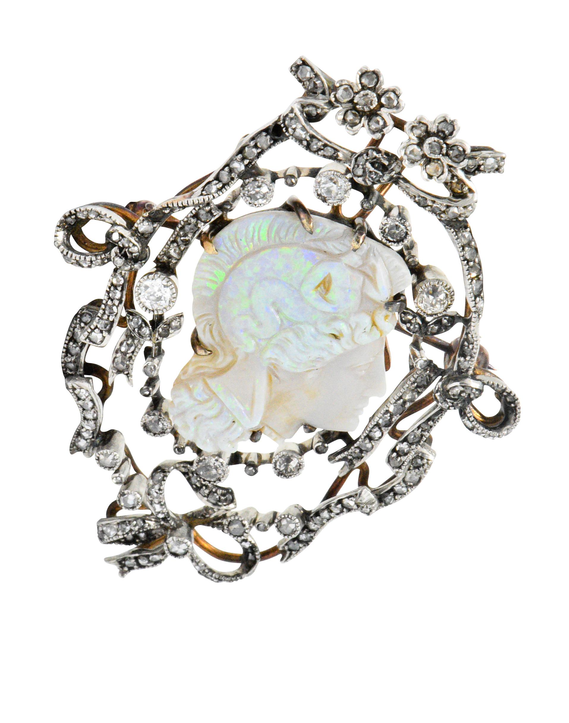 Old European Cut Victorian Perseus Diamond Carved Opal Silver Pendant Brooch