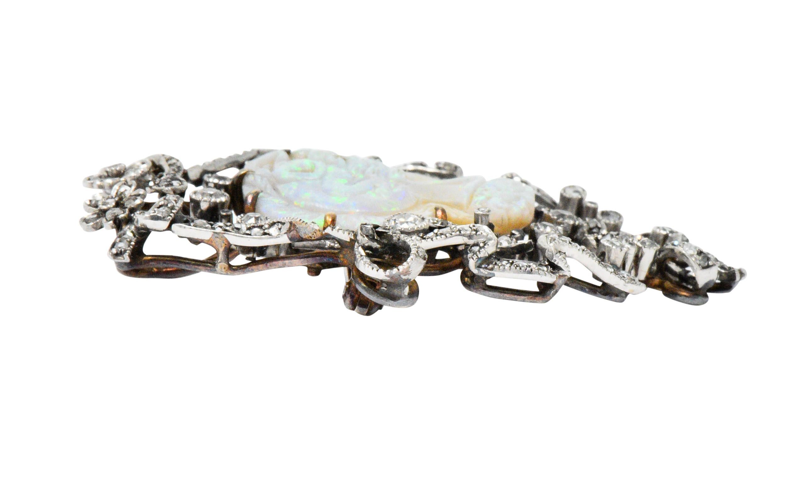 Victorian Perseus Diamond Carved Opal Silver Pendant Brooch 1