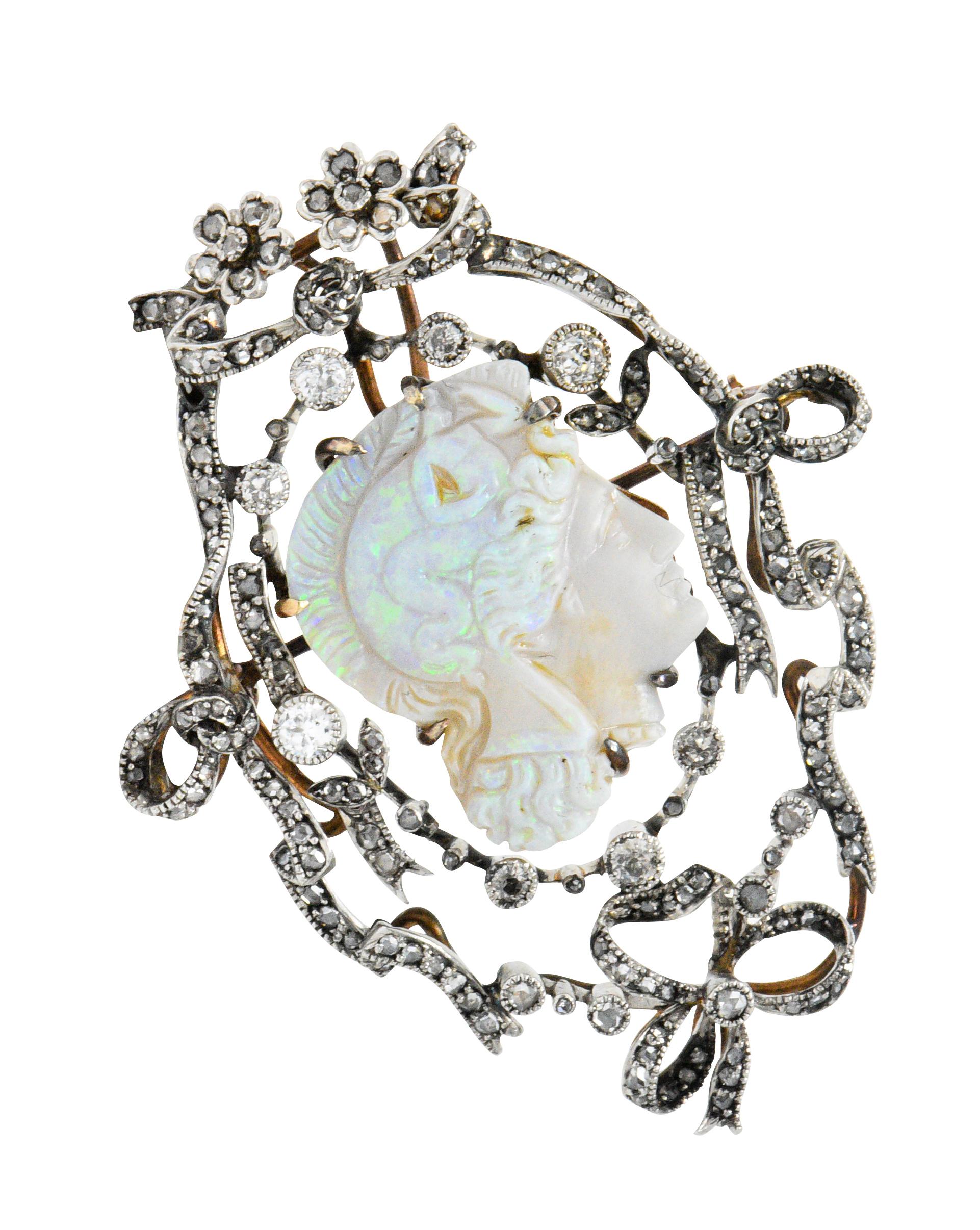 Victorian Perseus Diamond Carved Opal Silver Pendant Brooch 2