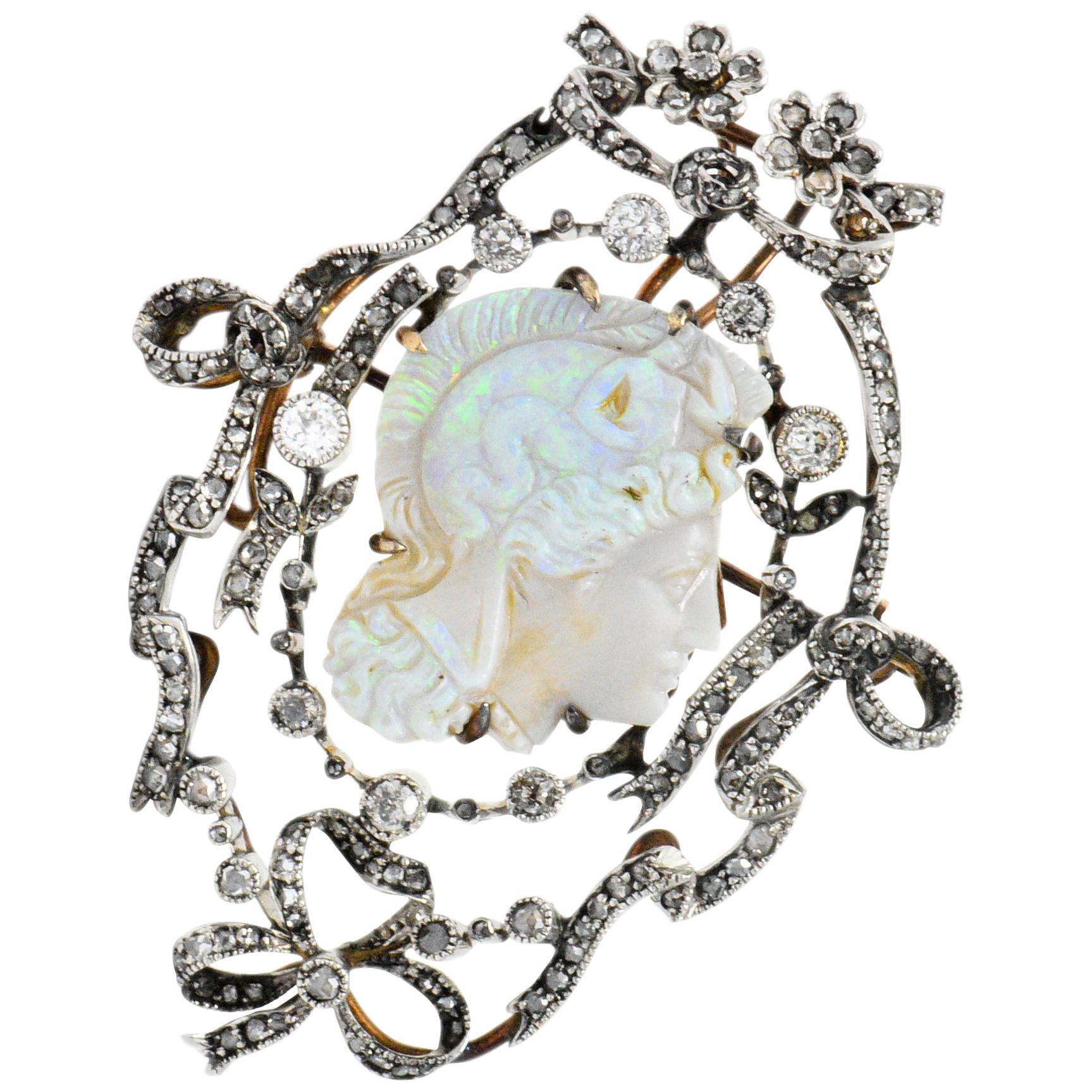 Victorian Perseus Diamond Carved Opal Silver Pendant Brooch
