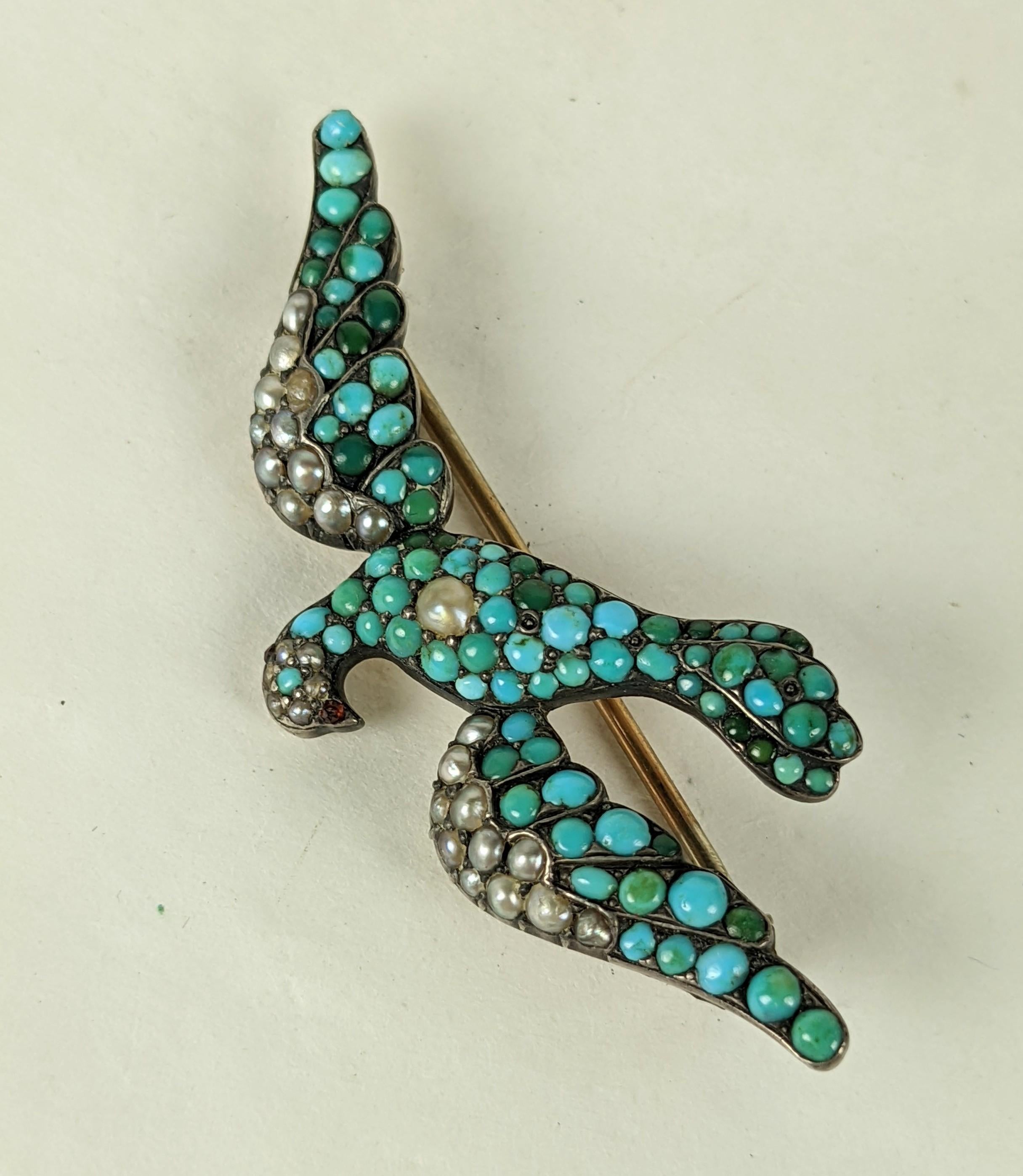 Late Victorian Victorian Persian Turquoise and Seed Pearl Dove For Sale