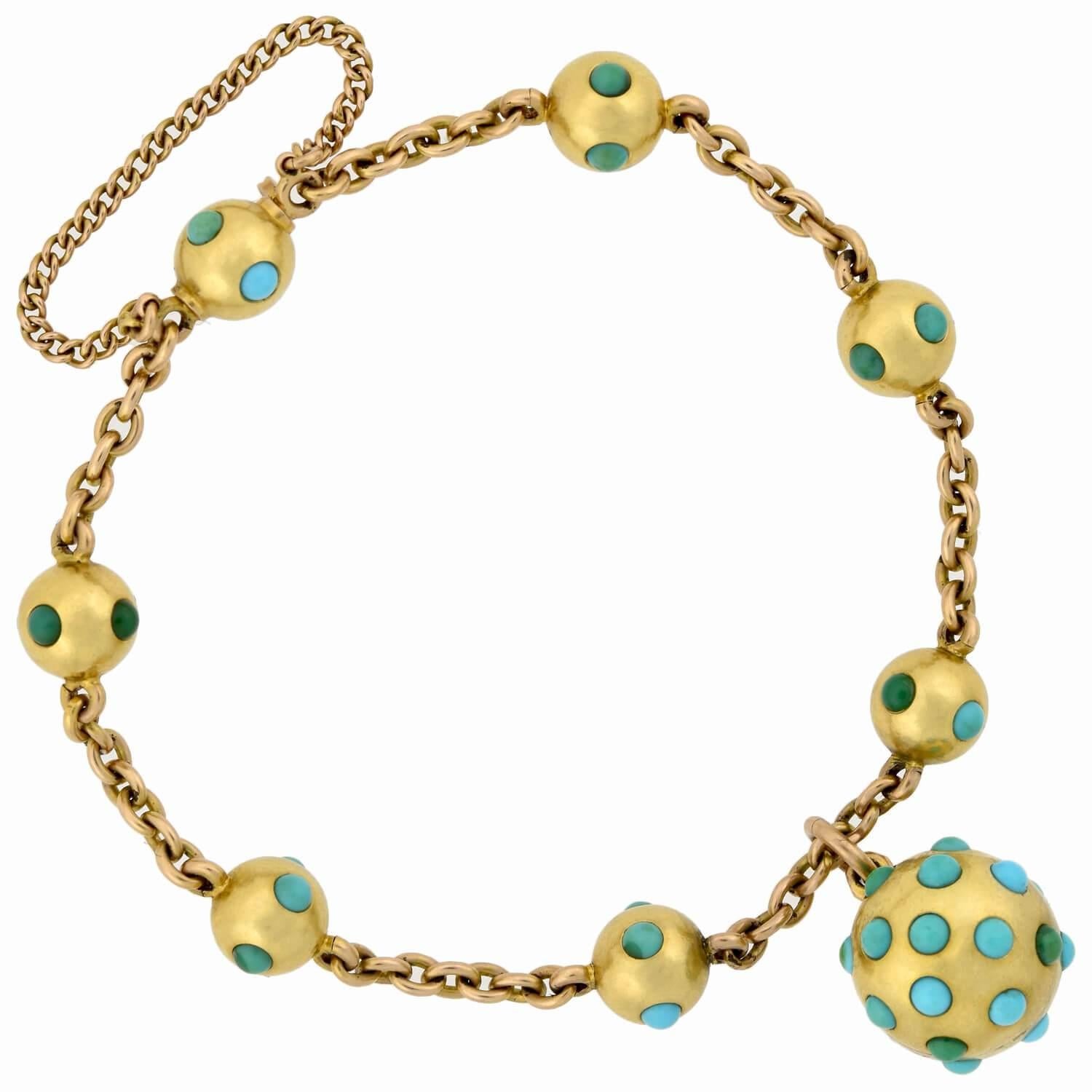 Women's Victorian Persian Turquoise Ball Link Bracelet with Locket Charm