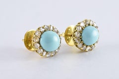 Victorian Persian Turquoise Cabochon and Diamond Halo Studs