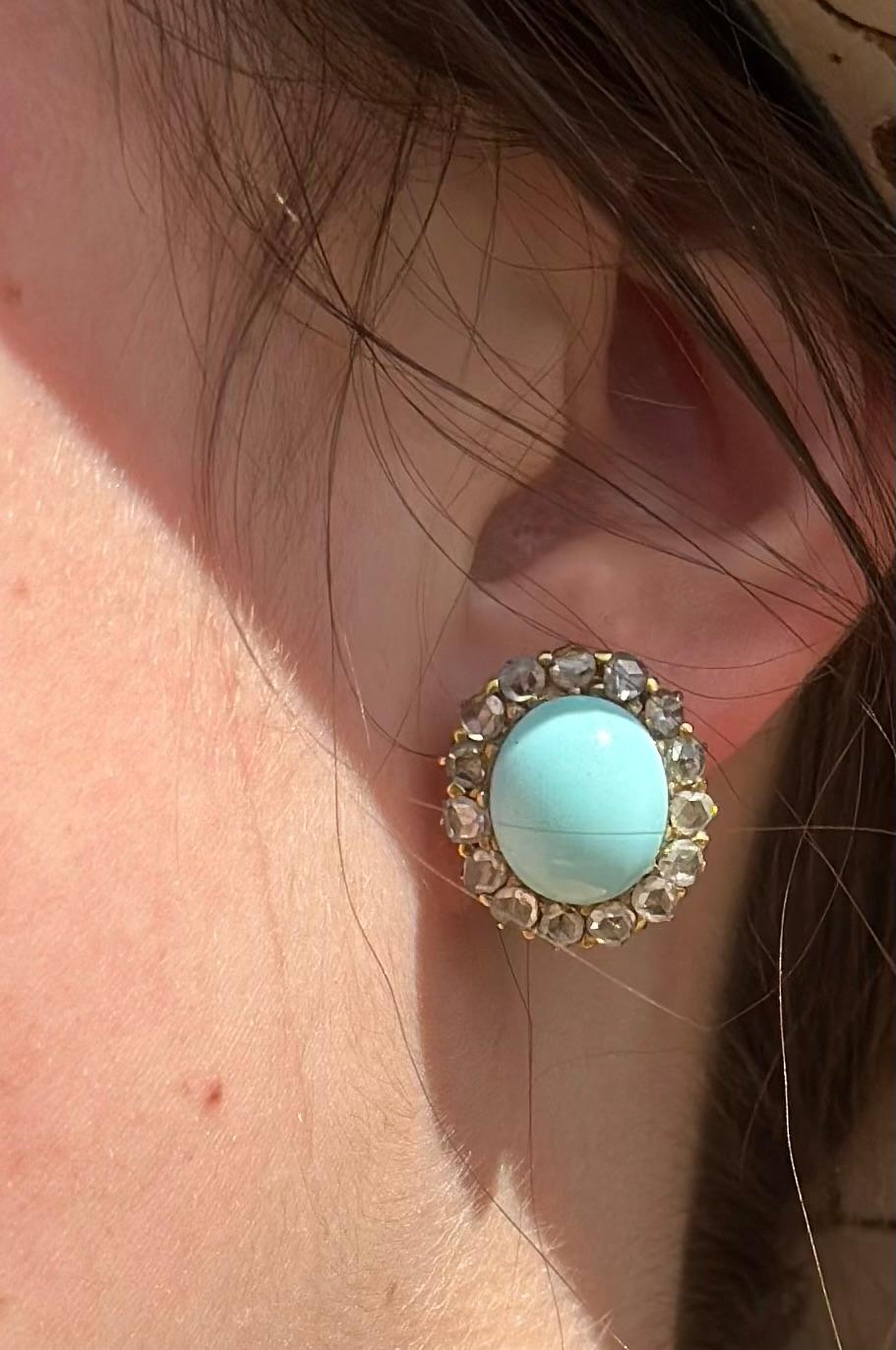 Borchie vittoriane con cabochon di turchese persiano e diamanti a raggiera In condizioni buone in vendita a Denver, CO