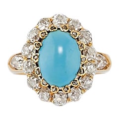 Antique Victorian Persian Turquoise Diamond Yellow Gold Cluster Ring