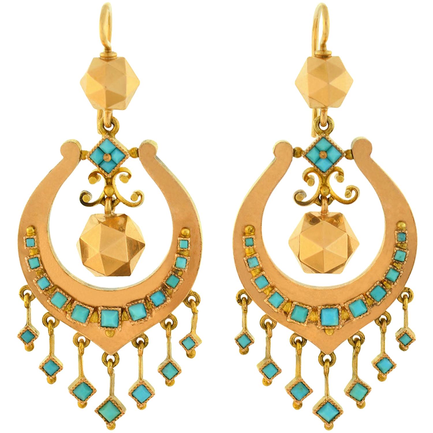 Victorian Persian Turquoise Faceted Gold Ball Dangle Earrings