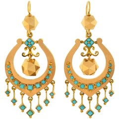 Victorian Persian Turquoise Faceted Gold Ball Dangle Earrings