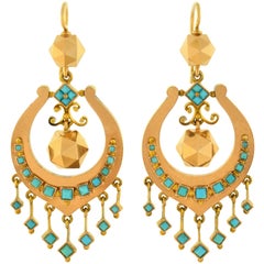 Victorian Persian Turquoise Faceted Gold Ball Dangle Earrings