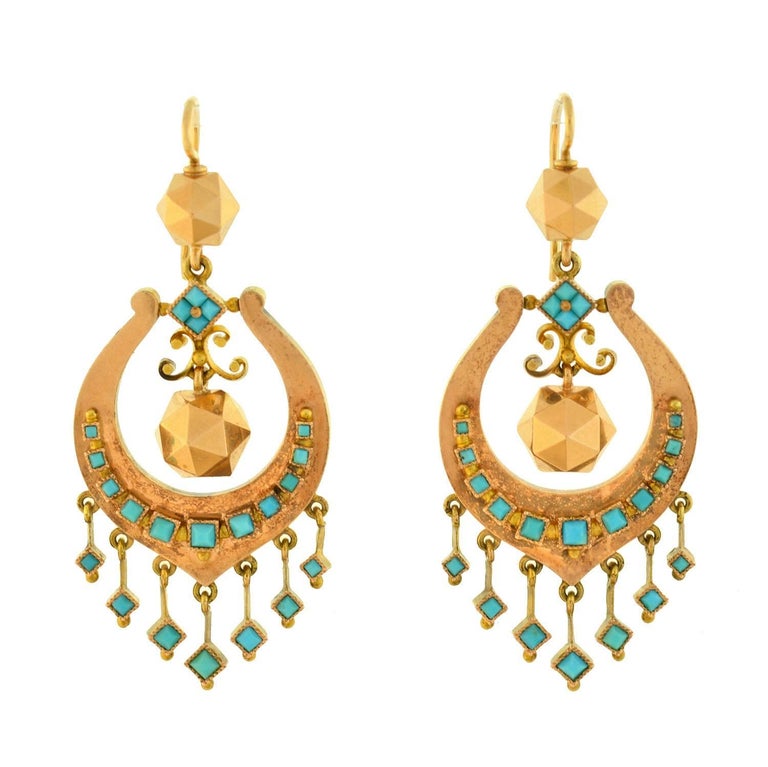 Victorian Persian Turquoise Faceted Gold Ball Earrings For Sale at 1stdibs