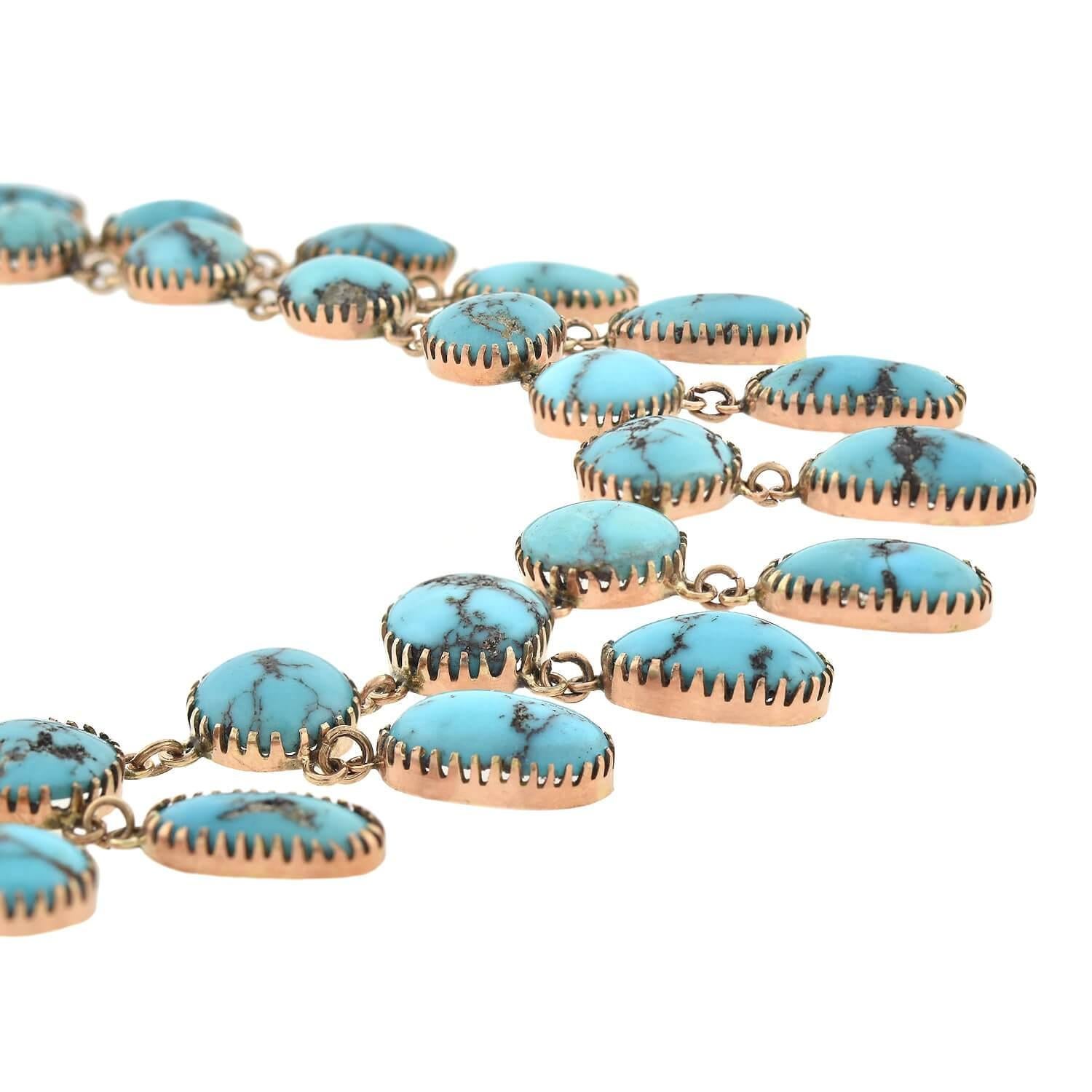 Cabochon Victorian Persian Turquoise Festoon Link Necklace For Sale