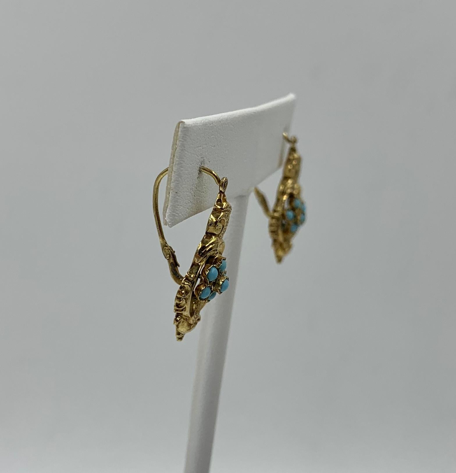 Cabochon Victorian Persian Turquoise Flower Dangle Drop Earrings Forget Me Not Gold For Sale