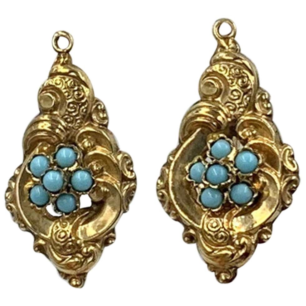Victorian Persian Turquoise Flower Dangle Drop Earrings Forget Me Not Gold