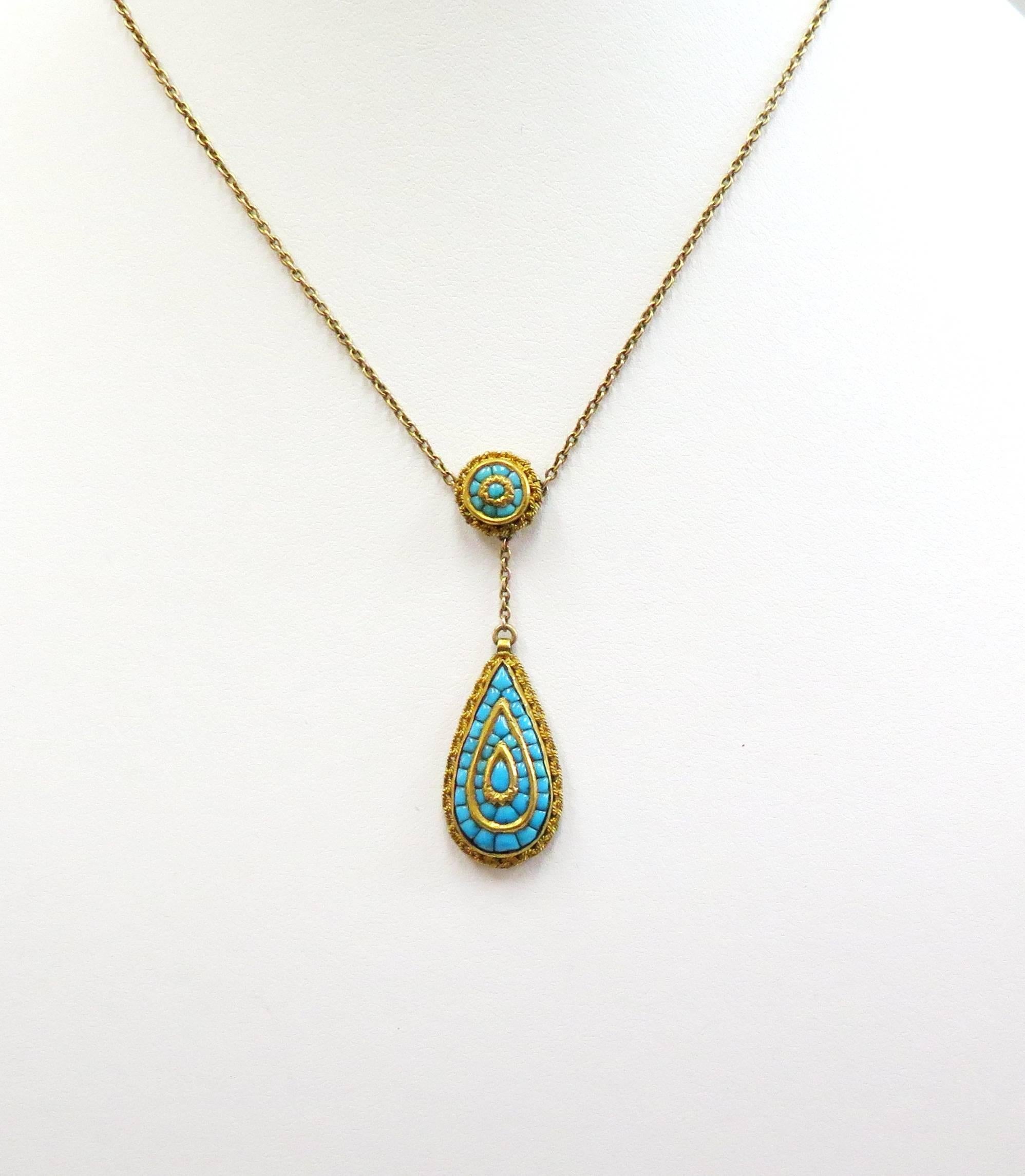 Round Cut Victorian Persian Turquoise Necklace, 14 Karat Yellow Gold