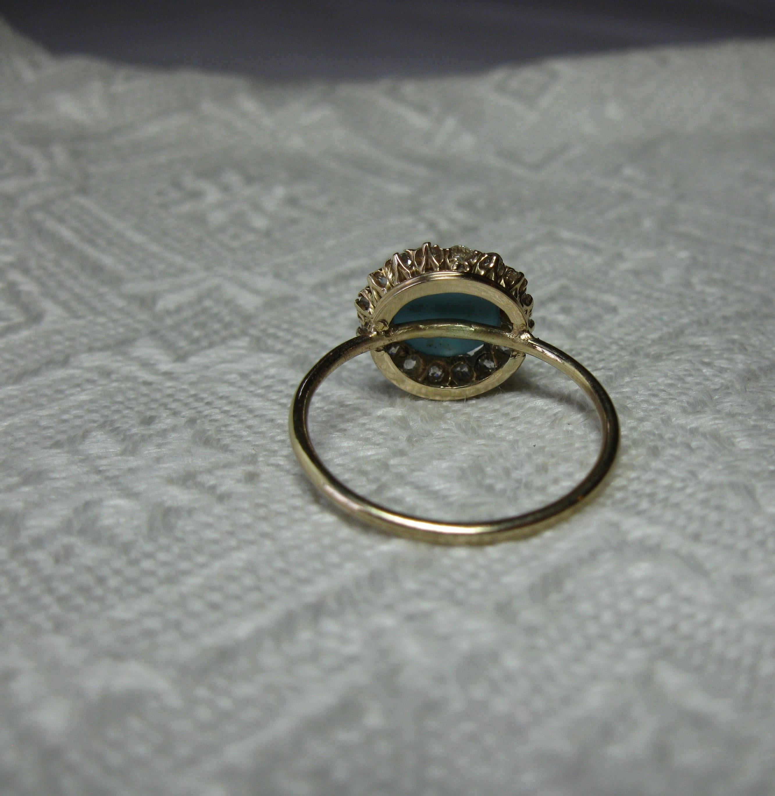 Victorian Persian Turquoise Ring Old Mine Cut Diamond Halo 14 Karat Gold Antique 5