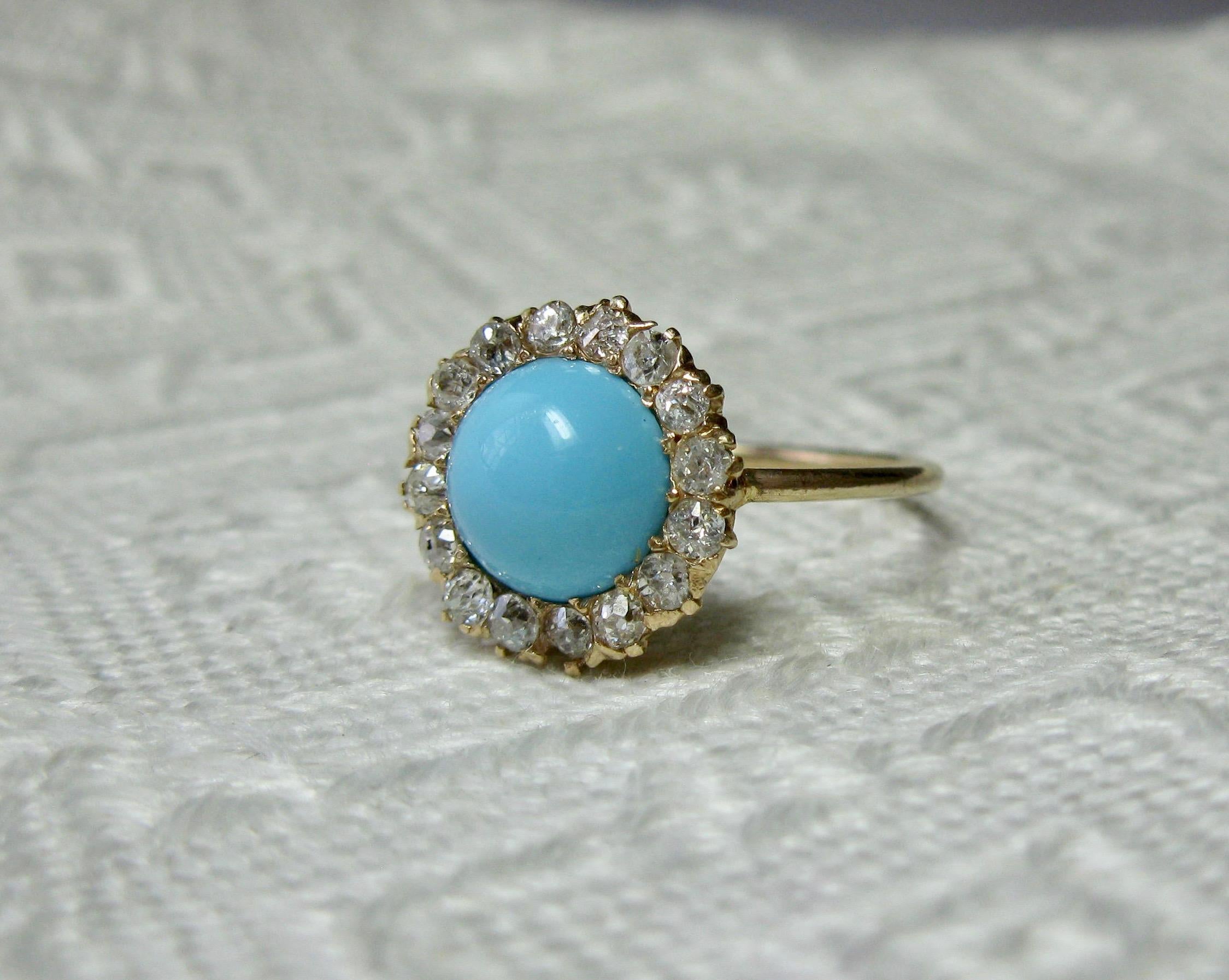 Victorian Persian Turquoise Ring Old Mine Cut Diamond Halo 14 Karat Gold Antique In Good Condition In New York, NY