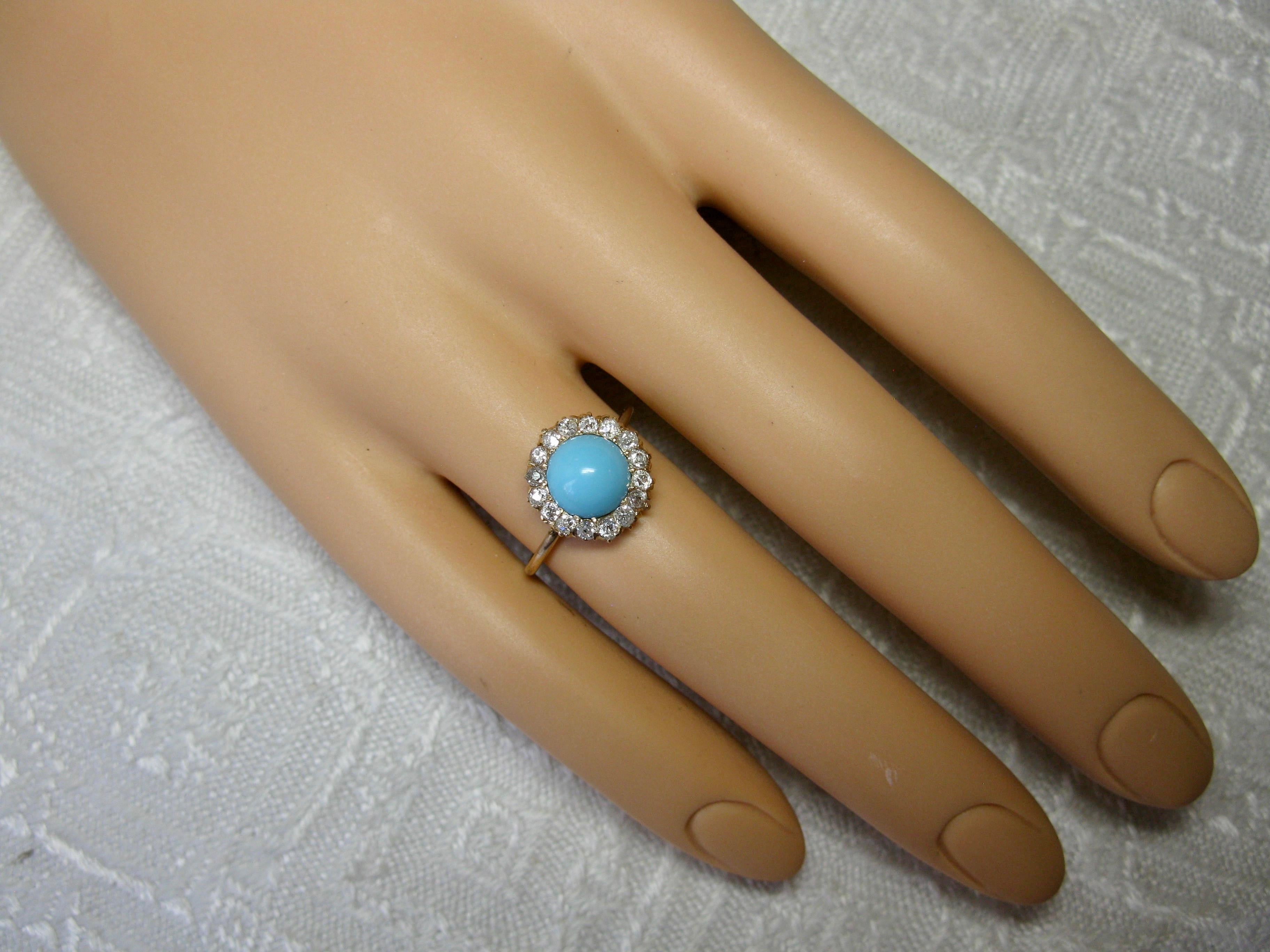Women's Victorian Persian Turquoise Ring Old Mine Cut Diamond Halo 14 Karat Gold Antique