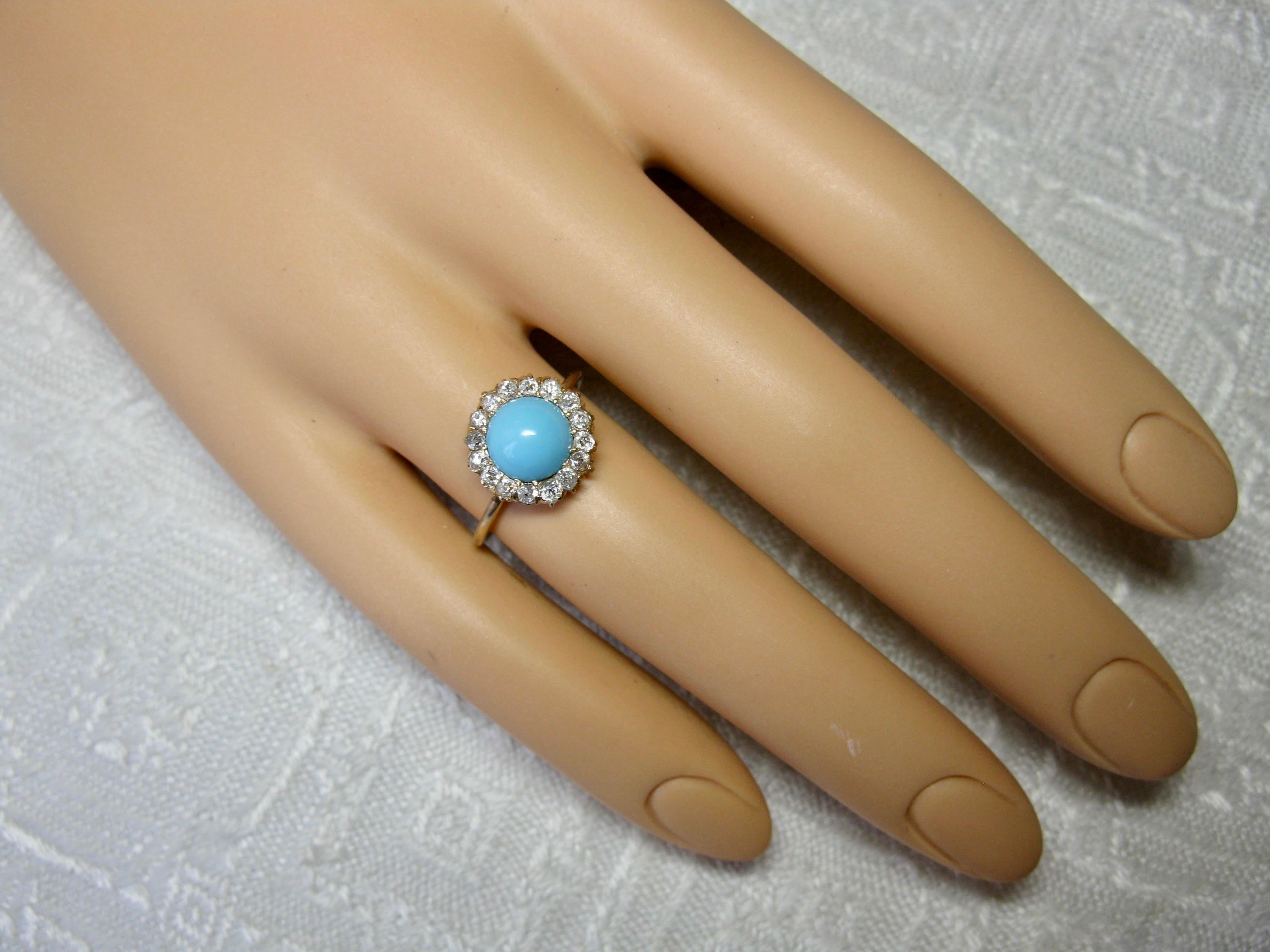 Victorian Persian Turquoise Ring Old Mine Cut Diamond Halo 14 Karat Gold Antique 2