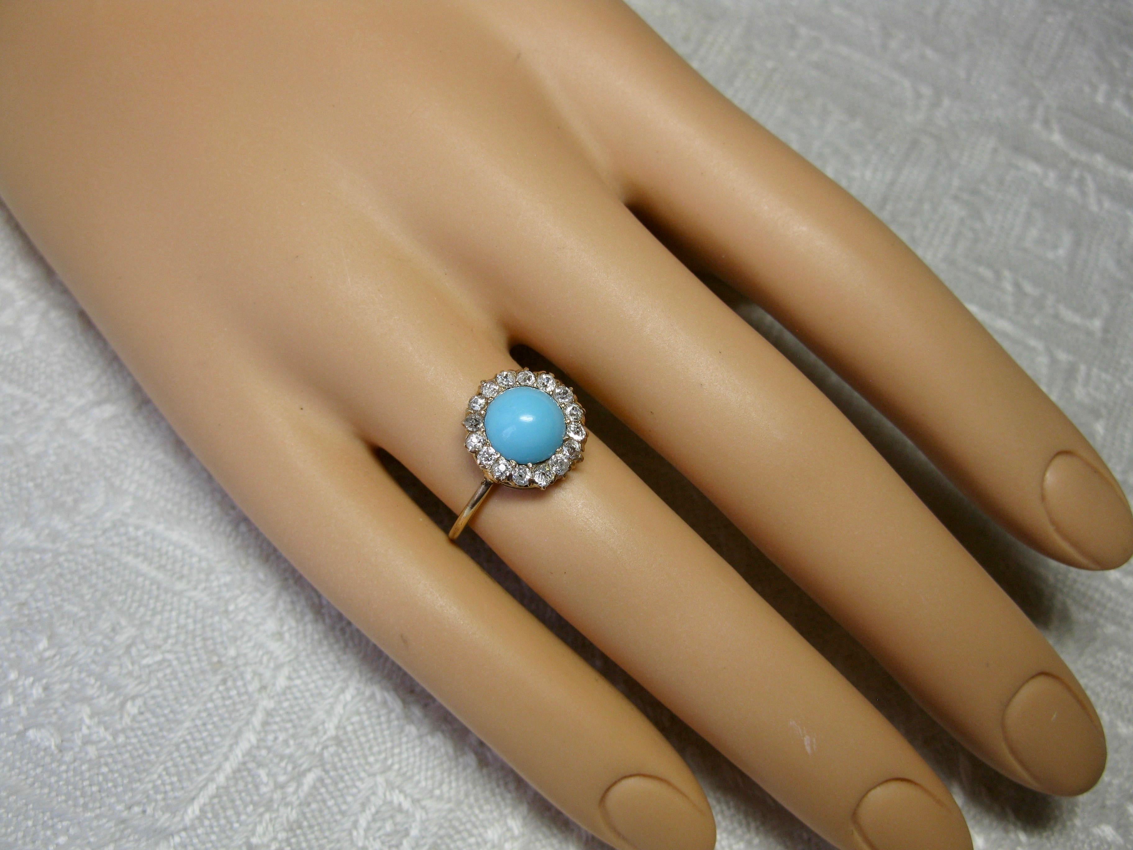 Victorian Persian Turquoise Ring Old Mine Cut Diamond Halo 14 Karat Gold Antique 3