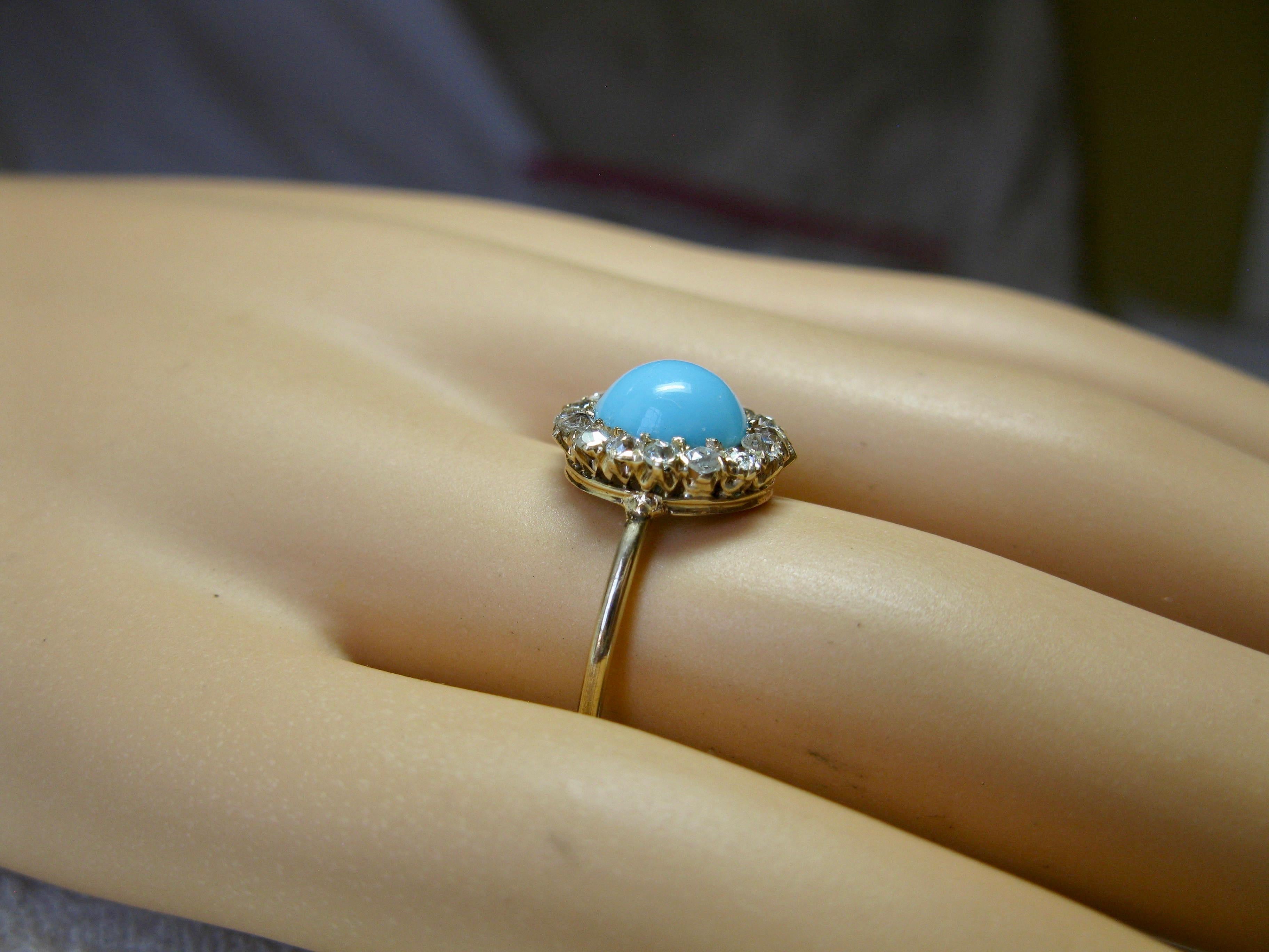 Victorian Persian Turquoise Ring Old Mine Cut Diamond Halo 14 Karat Gold Antique 4