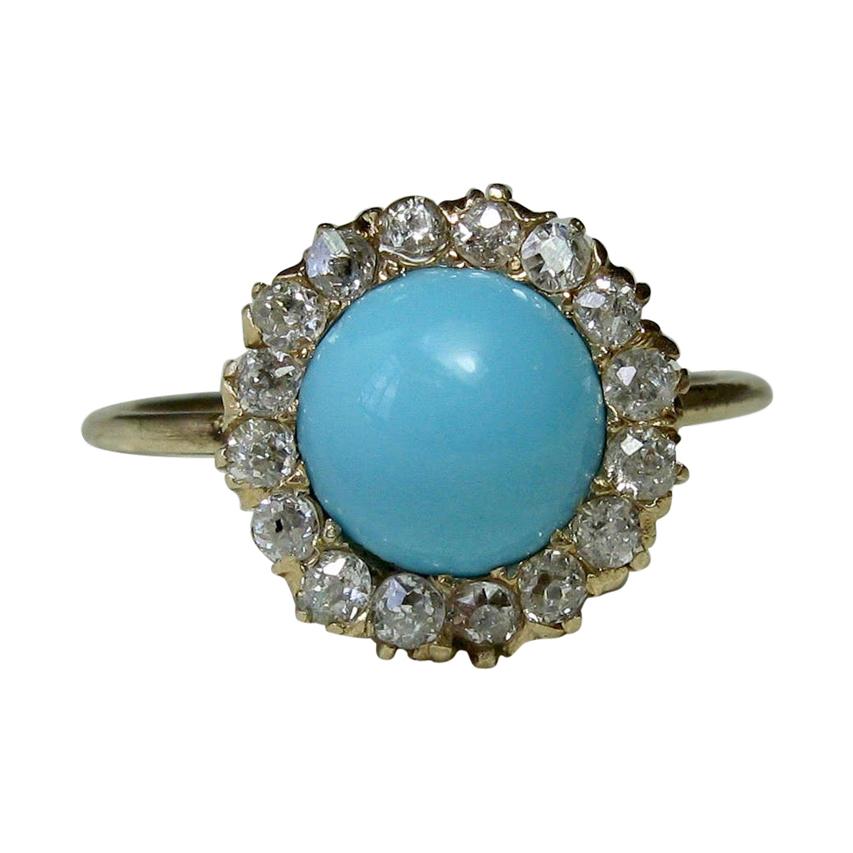 Victorian Persian Turquoise Ring Old Mine Cut Diamond Halo 14 Karat Gold Antique