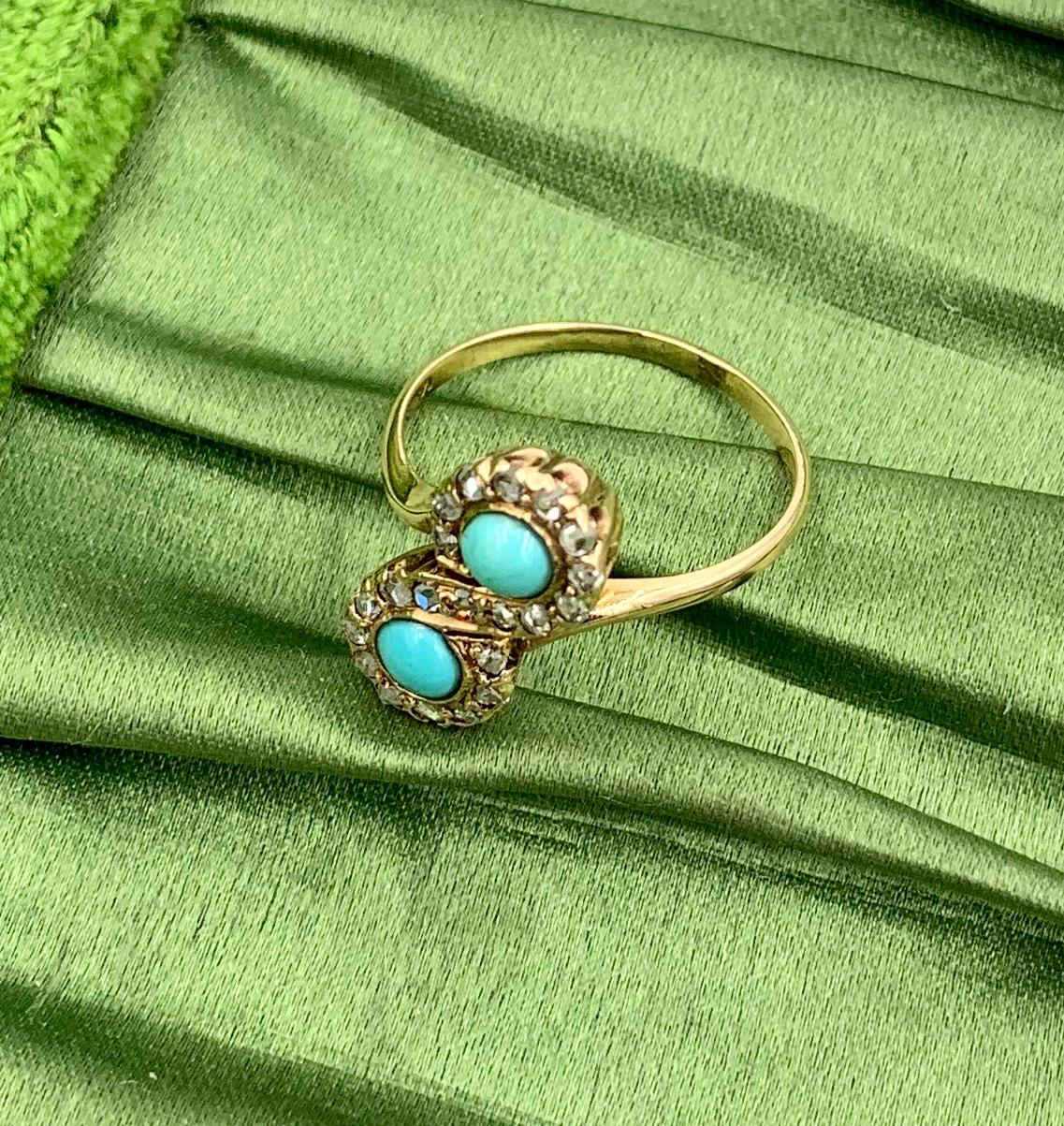 Victorian Persian Turquoise Ring Rose Cut Diamond 14 Karat Gold Antique Toi Moi For Sale 3
