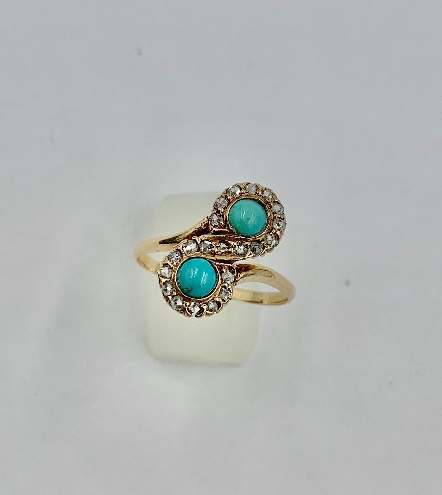 Antiker viktorianischer persischer Türkis-Ring mit Diamant im Rosenschliff 14 Karat Gold Toi Moi (Viktorianisch) im Angebot