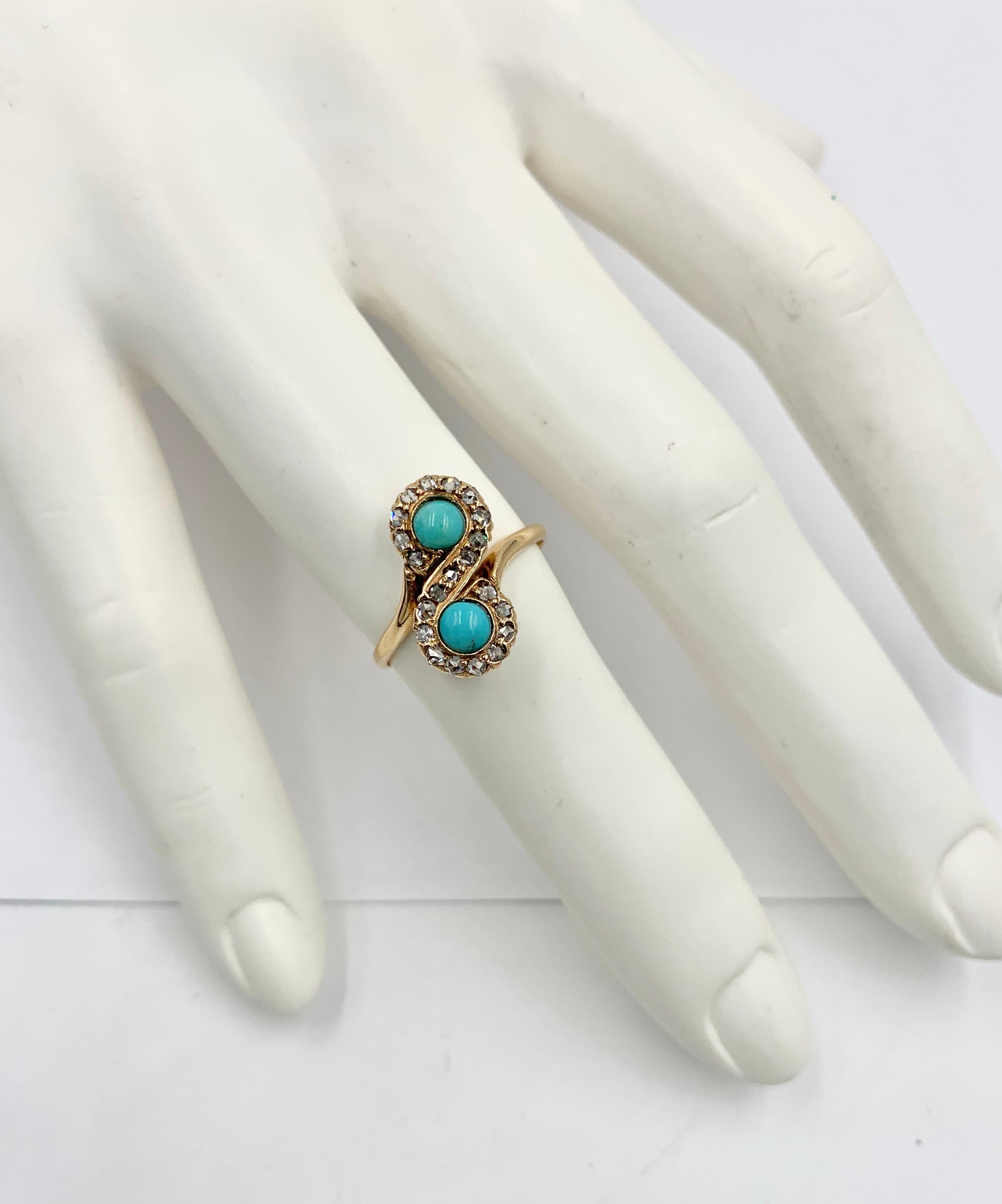 Antiker viktorianischer persischer Türkis-Ring mit Diamant im Rosenschliff 14 Karat Gold Toi Moi im Zustand „Gut“ im Angebot in New York, NY