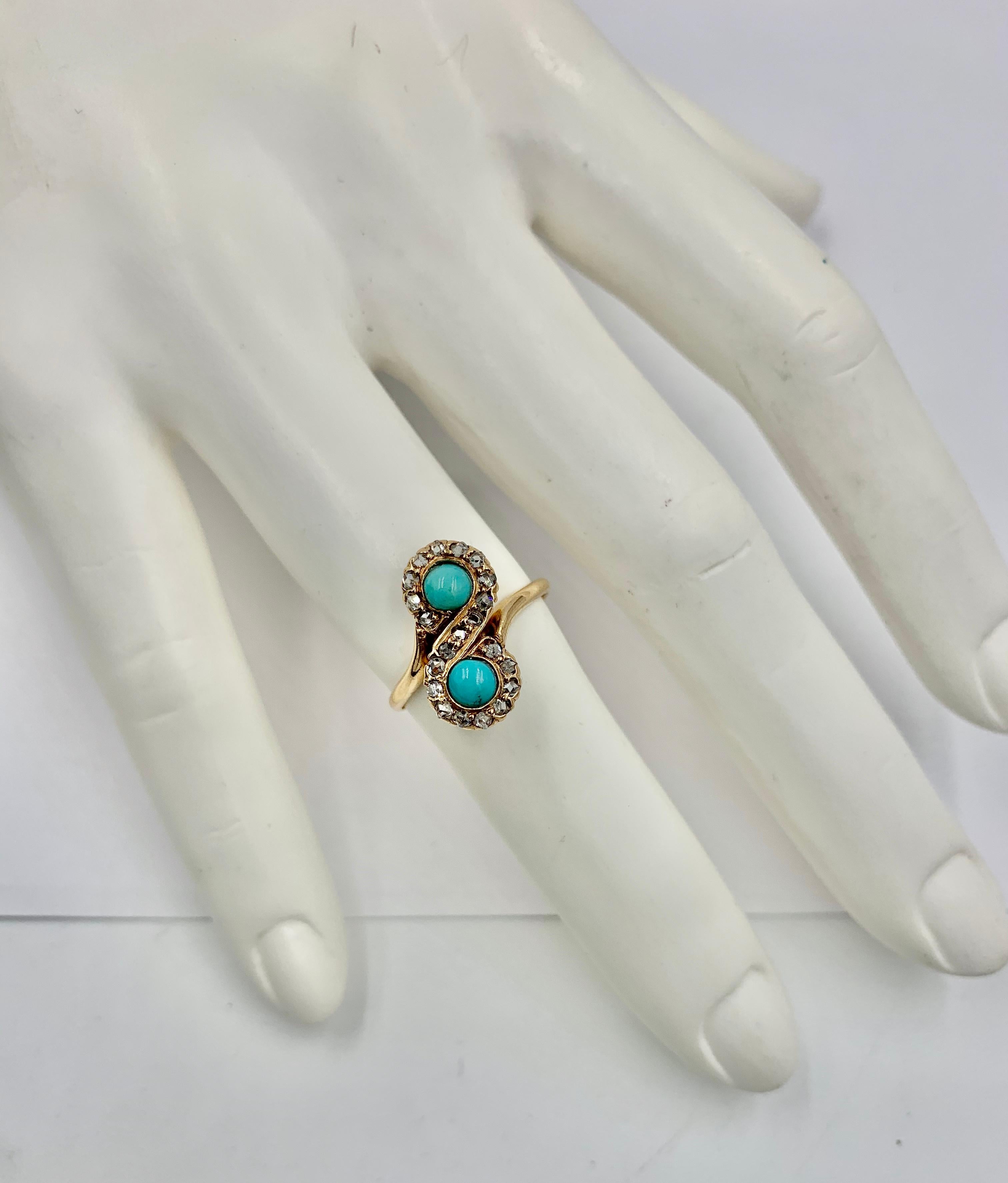 Toi Moi bague victorienne ancienne en or 14 carats avec turquoise persane et diamants taille rose Bon état - En vente à New York, NY