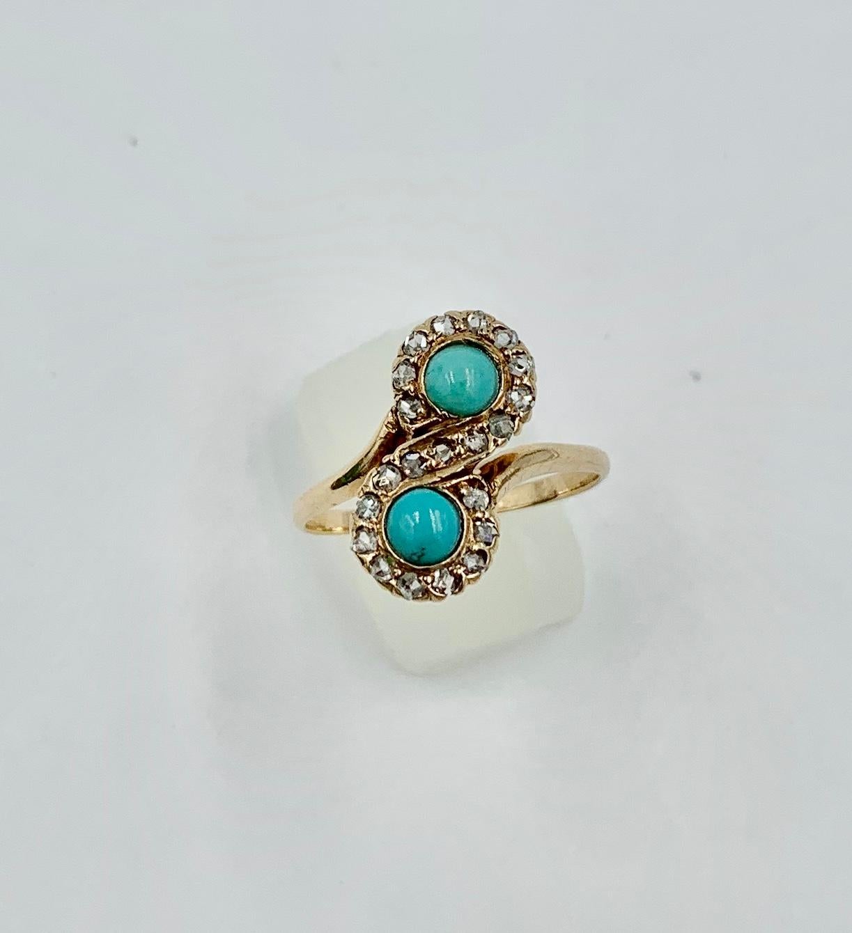 Victorian Persian Turquoise Ring Rose Cut Diamond 14 Karat Gold Antique Toi Moi In Good Condition For Sale In New York, NY