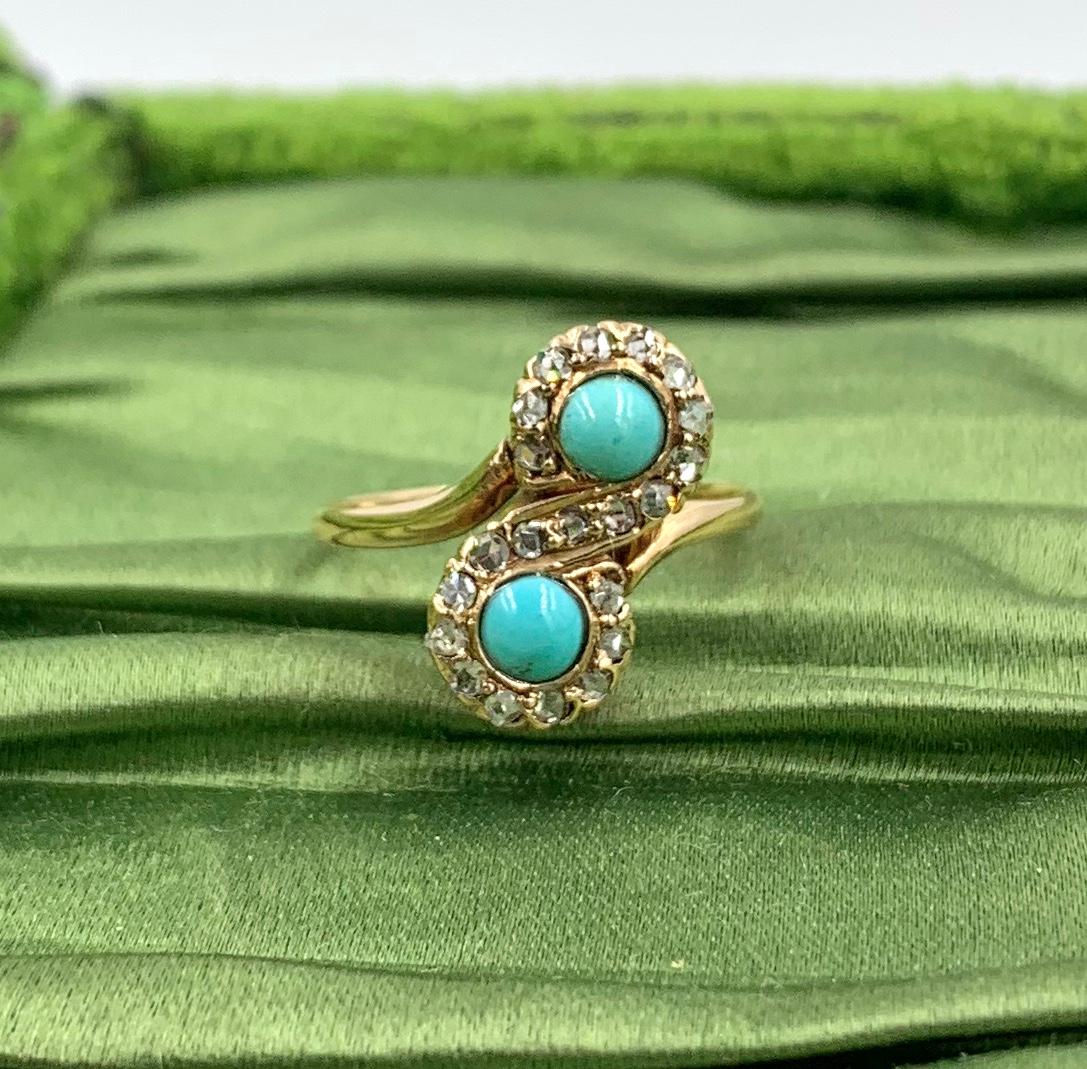 Women's Victorian Persian Turquoise Ring Rose Cut Diamond 14 Karat Gold Antique Toi Moi For Sale