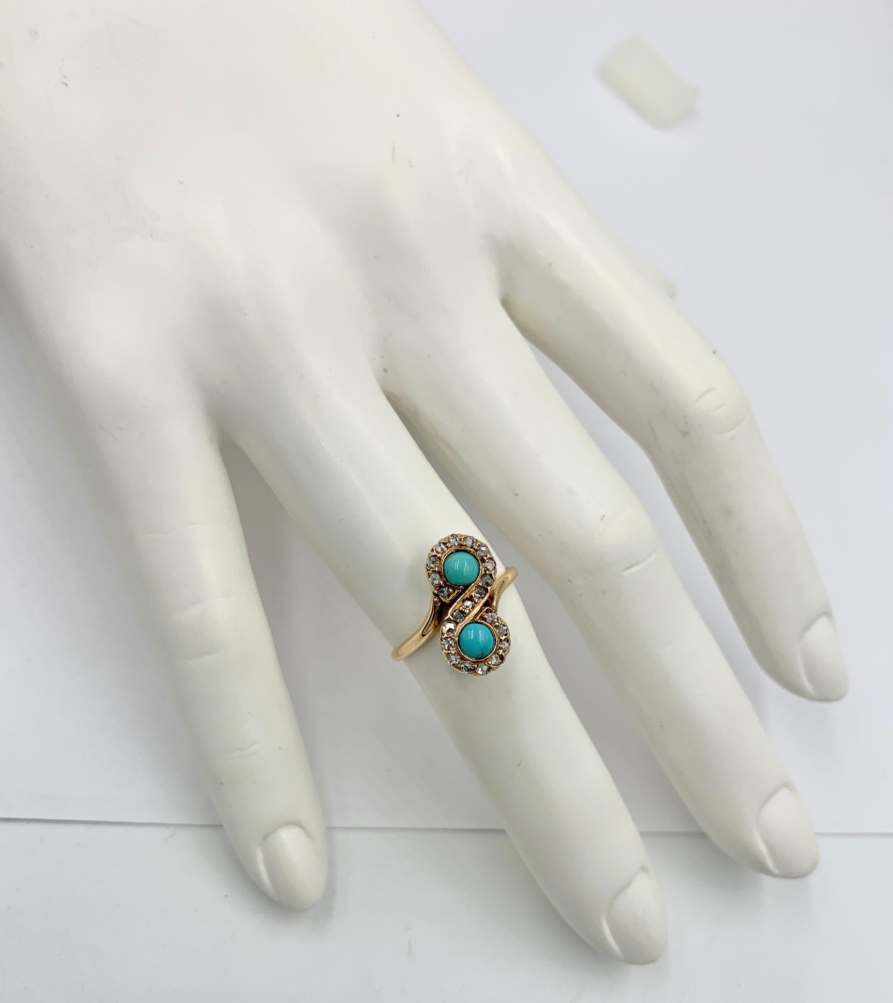 Victorian Persian Turquoise Ring Rose Cut Diamond 14 Karat Gold Antique Toi Moi For Sale 1