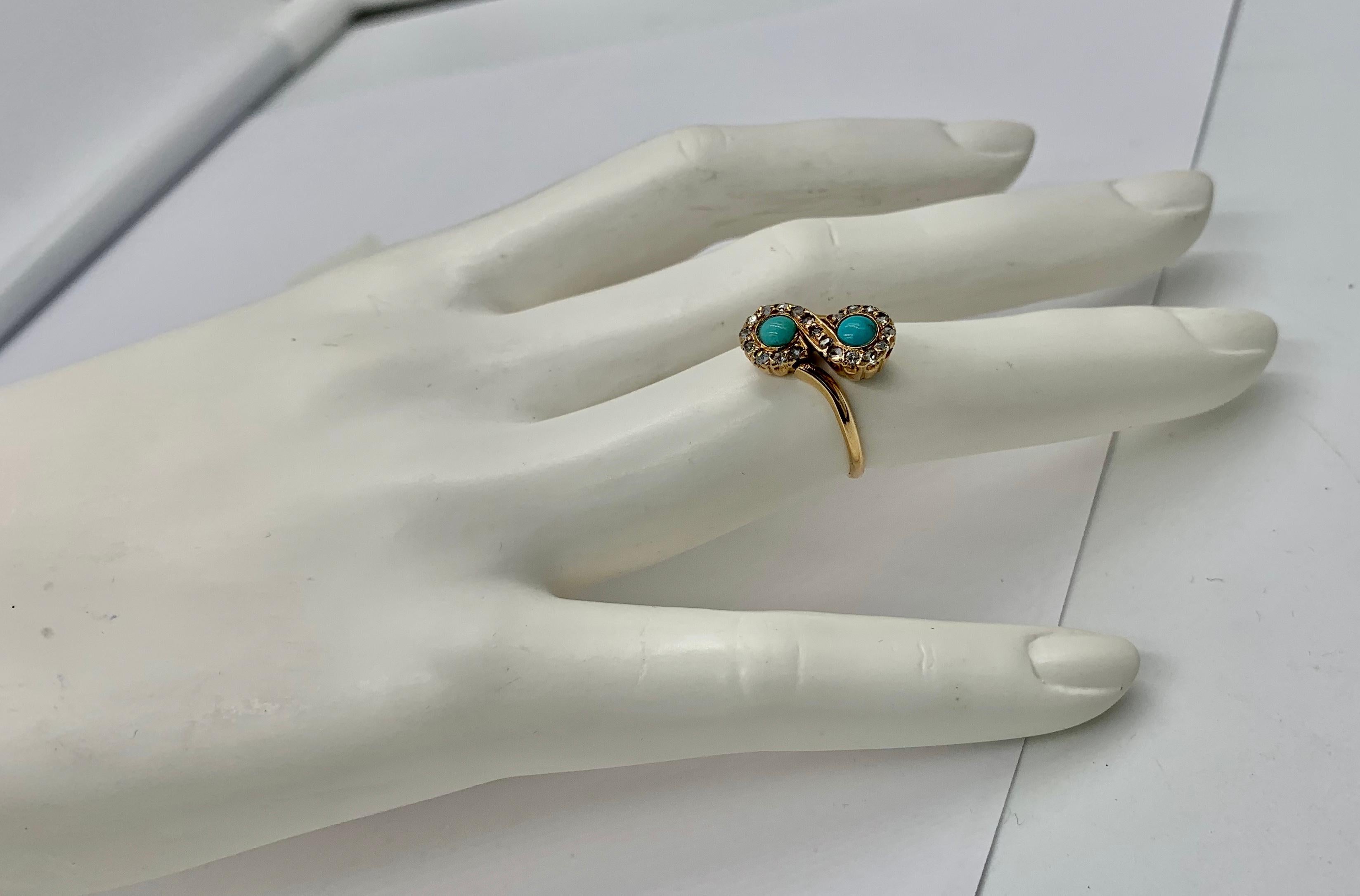 Victorian Persian Turquoise Ring Rose Cut Diamond 14 Karat Gold Antique Toi Moi For Sale 2