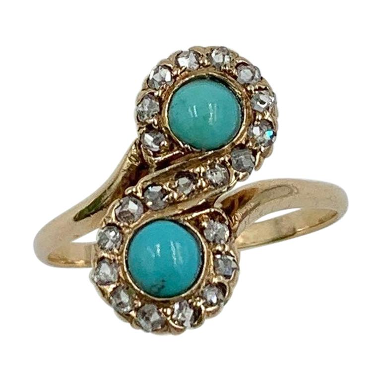 Victorian Persian Turquoise Ring Rose Cut Diamond 14 Karat Gold Antique Toi Moi For Sale