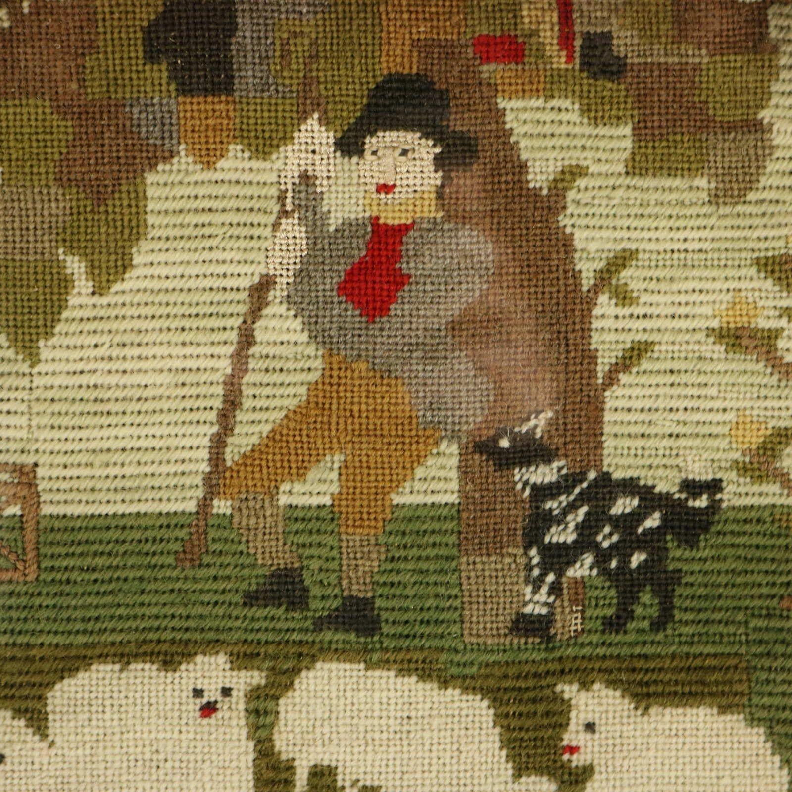 Broderie victorienne au petit point d'un berger avec des moutons Bon état - En vente à Chelmsford, Essex