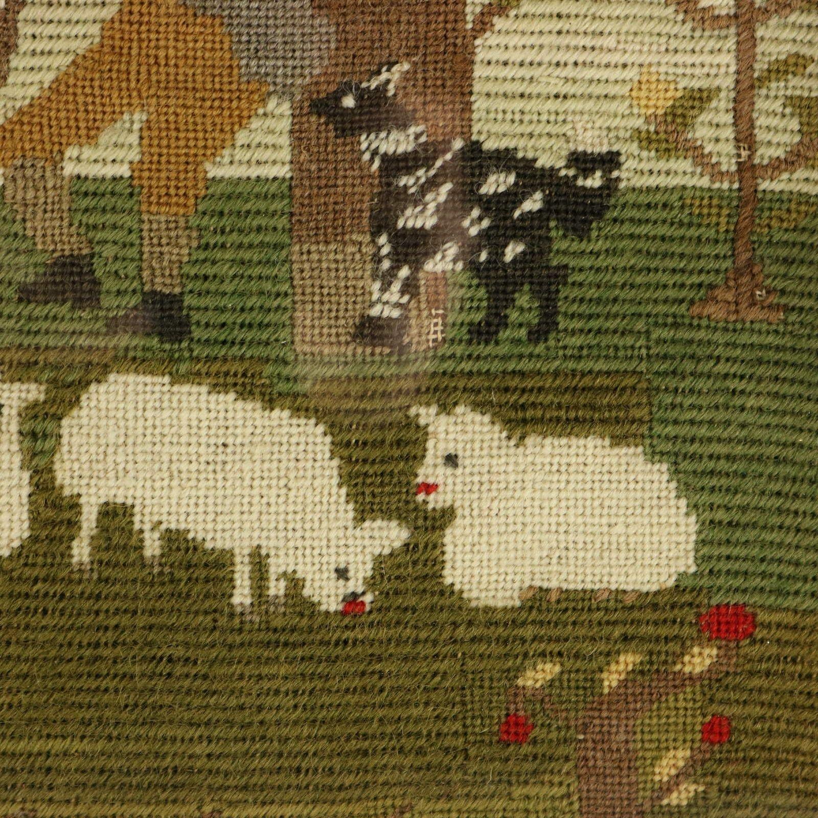 Milieu du XIXe siècle Broderie victorienne au petit point d'un berger avec des moutons en vente