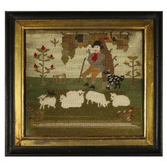 Broderie victorienne au petit point d
un berger avec des moutons