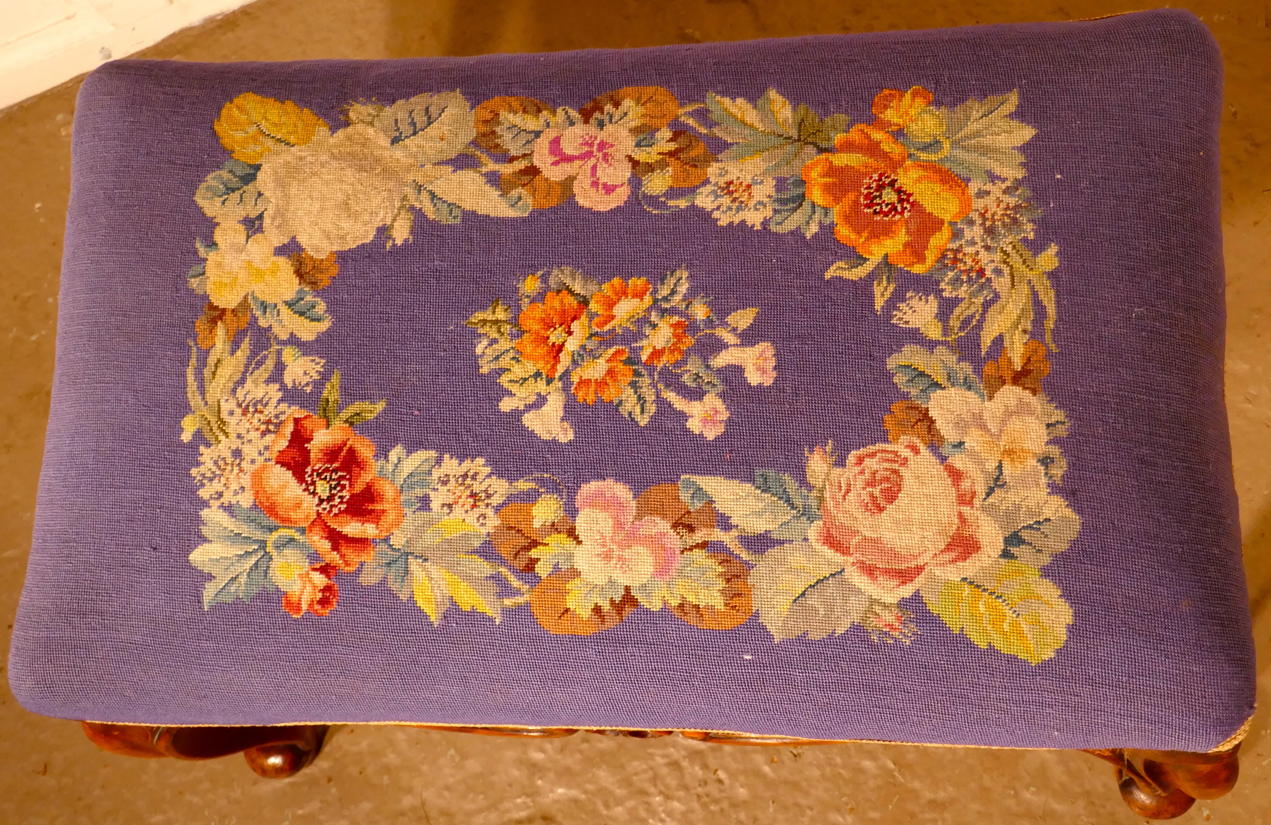 19th Century Victorian Petit Point Tapestry Upholstered Mahogany Stool For Sale