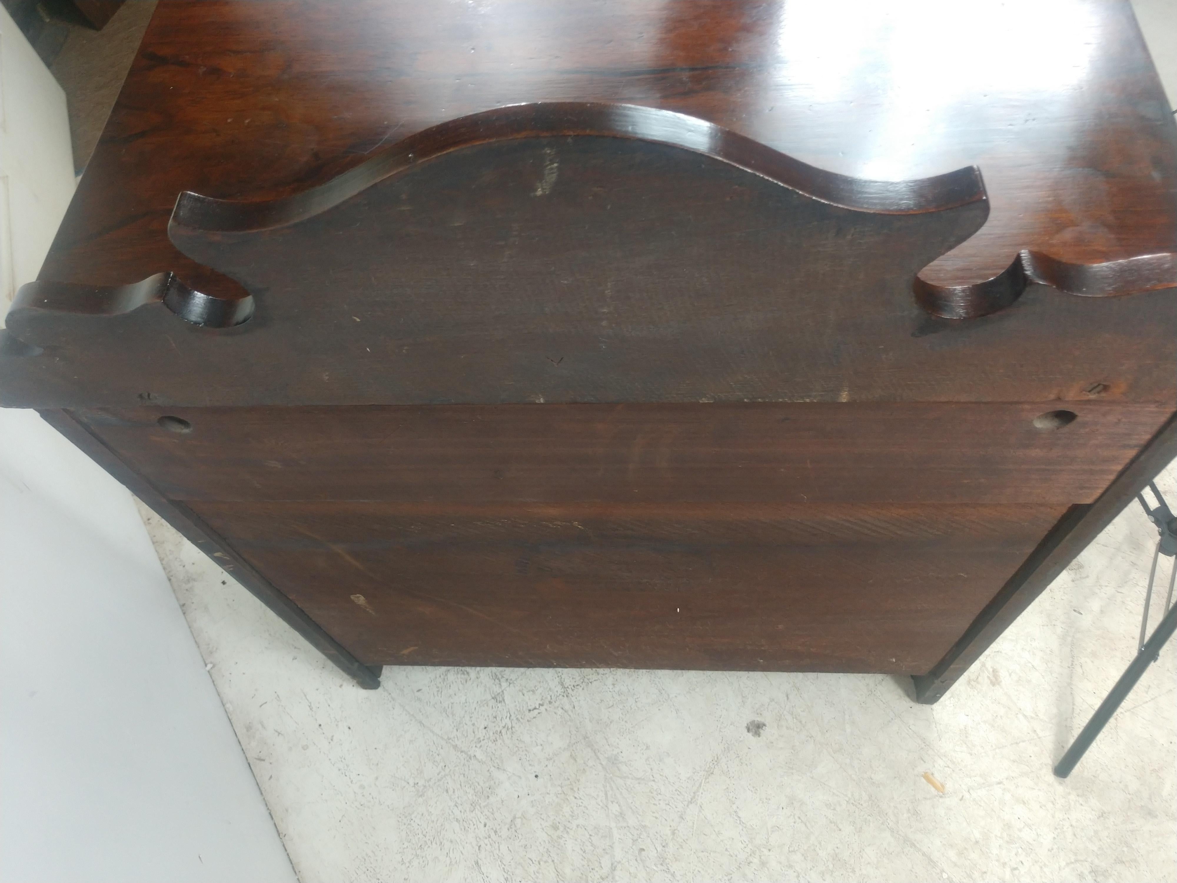 C1860 Rosewood 3 drawer commode / dresser. Great for a small area, bath entry or guest bedroom. All original and in very good condition with minimal wear. Wood has separated on the sides which is typical for it's age.