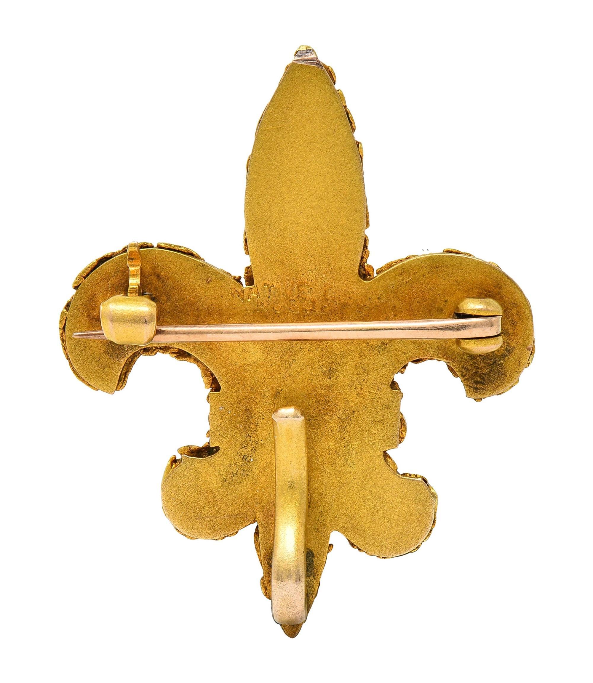 Victorian Petrified Fossil 24 Karat Yellow Gold Nugget Fleur-De-Lis Brooch In Excellent Condition For Sale In Philadelphia, PA