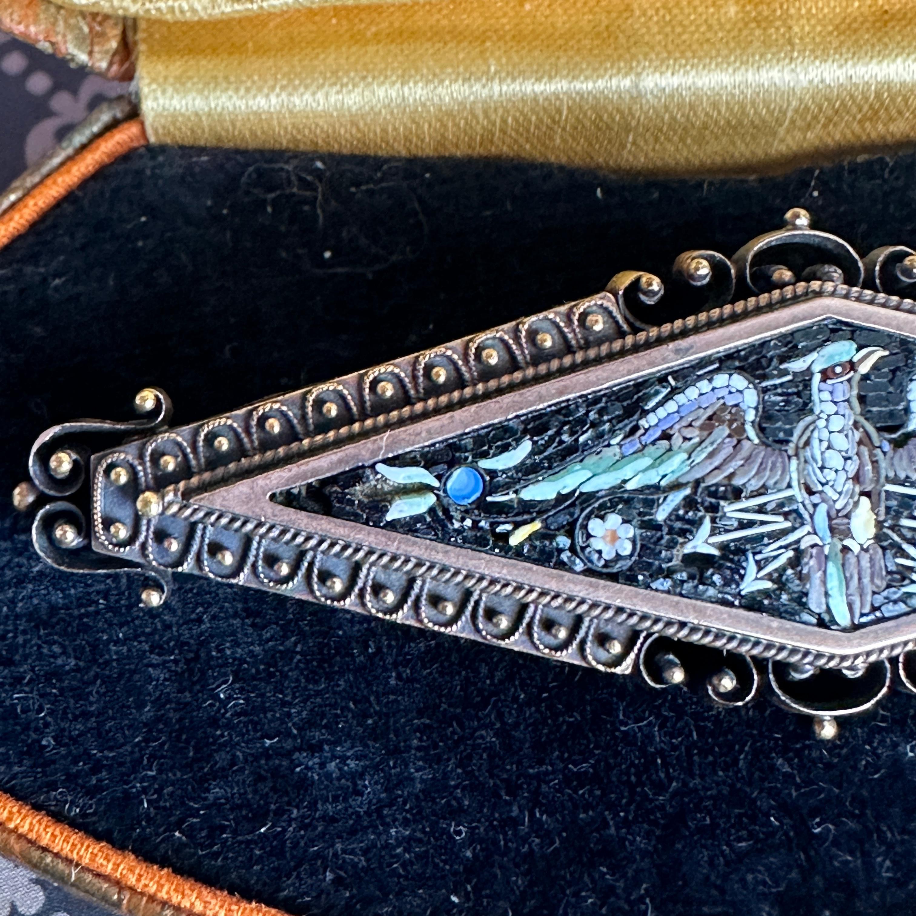 Victorian Phoenix Bird Micro Mosaic 14k Gold Brooch For Sale 6