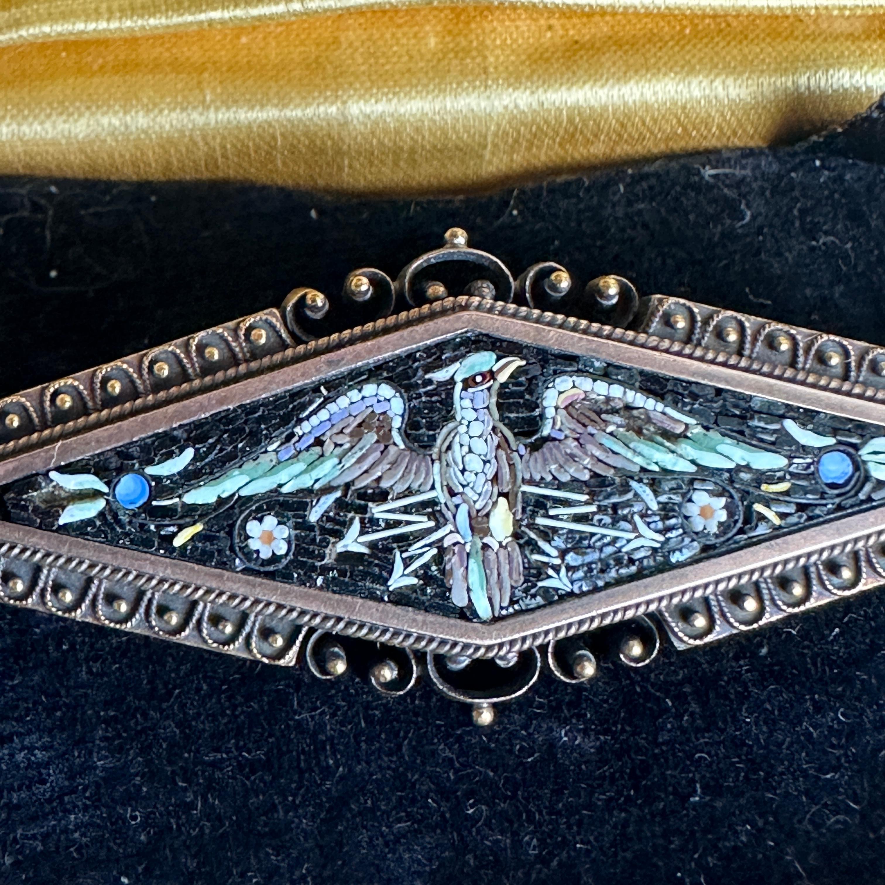 Victorian Phoenix Bird Micro Mosaic 14k Gold Brooch For Sale 7