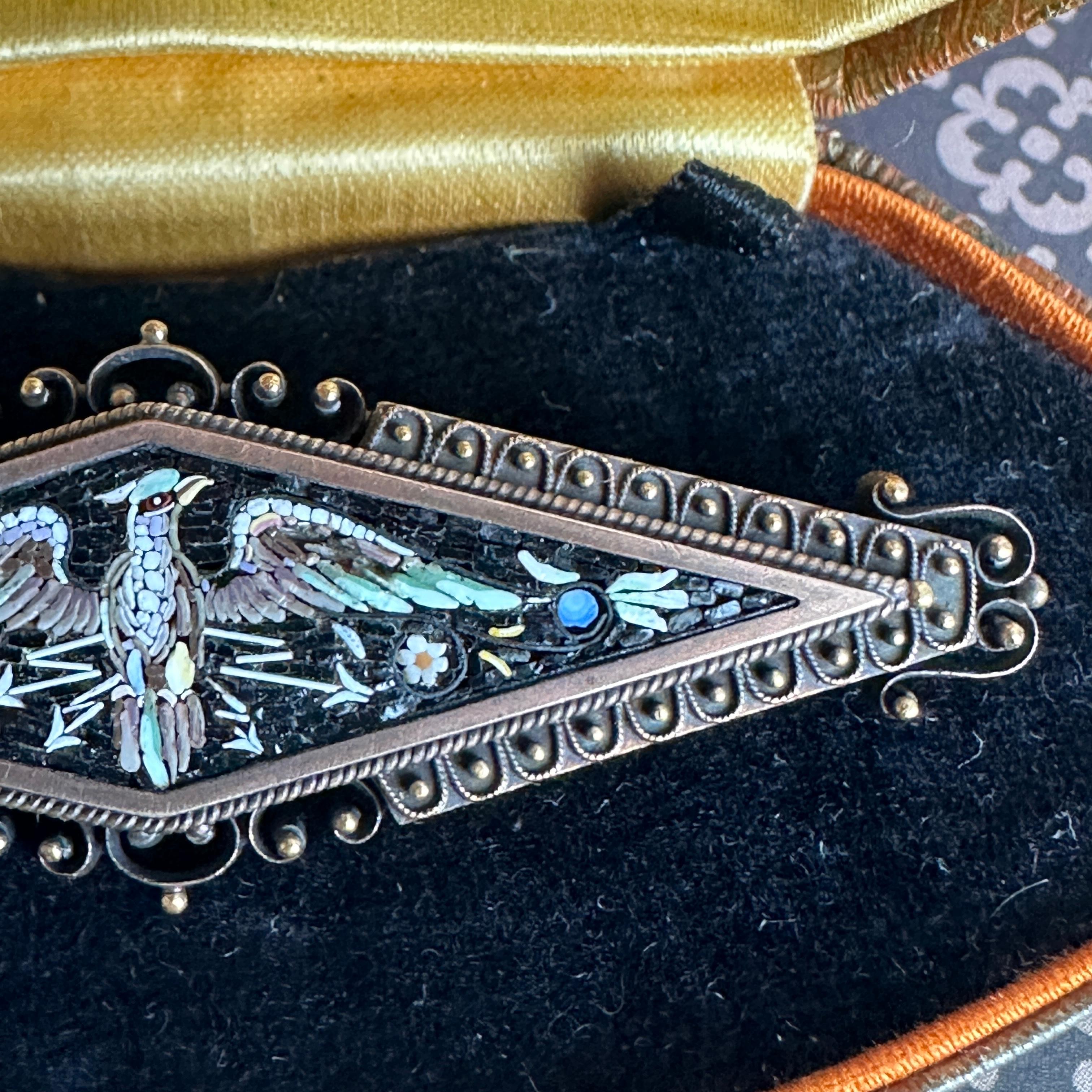 Victorian Phoenix Bird Micro Mosaic 14k Gold Brooch For Sale 8