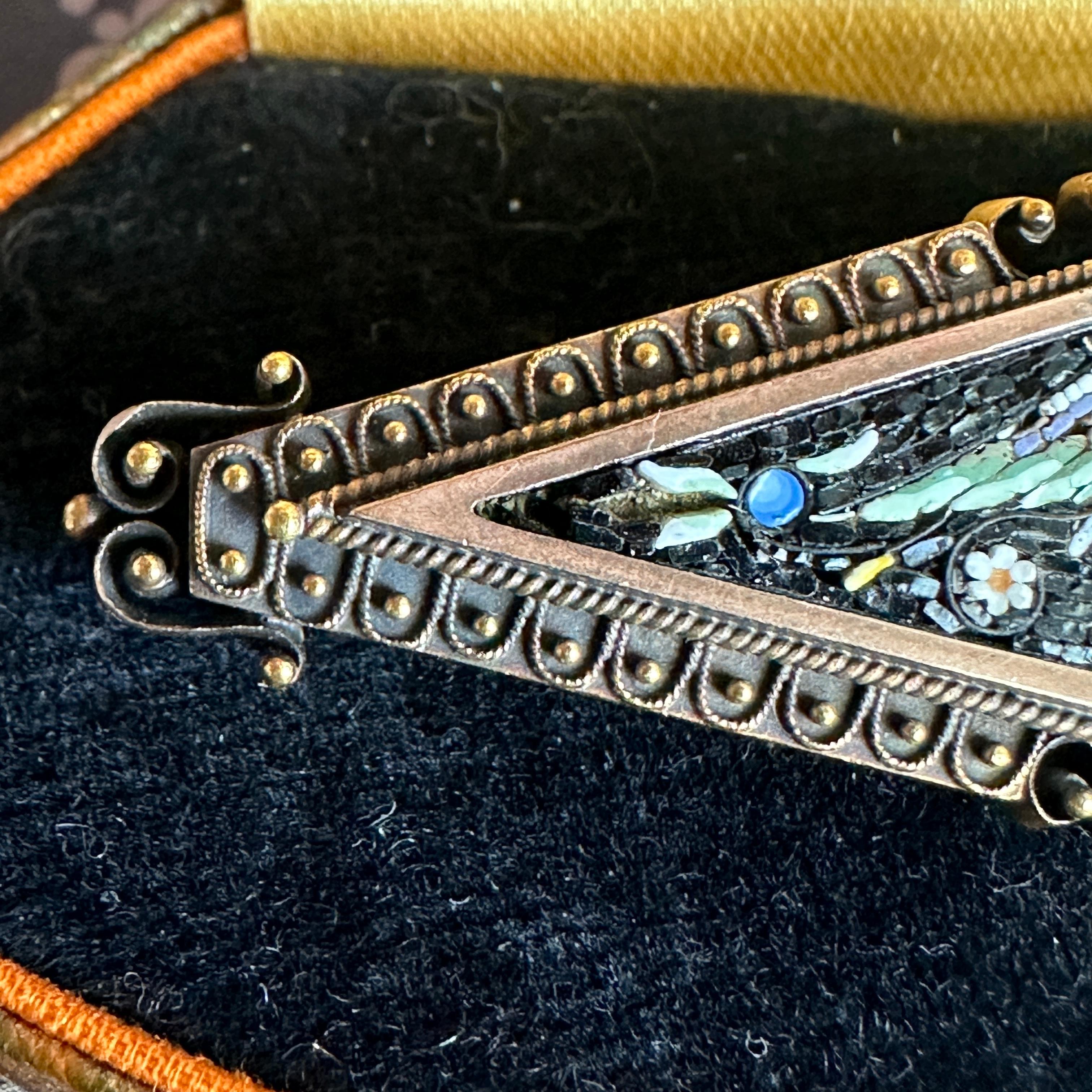 Victorian Phoenix Bird Micro Mosaic 14k Gold Brooch For Sale 9