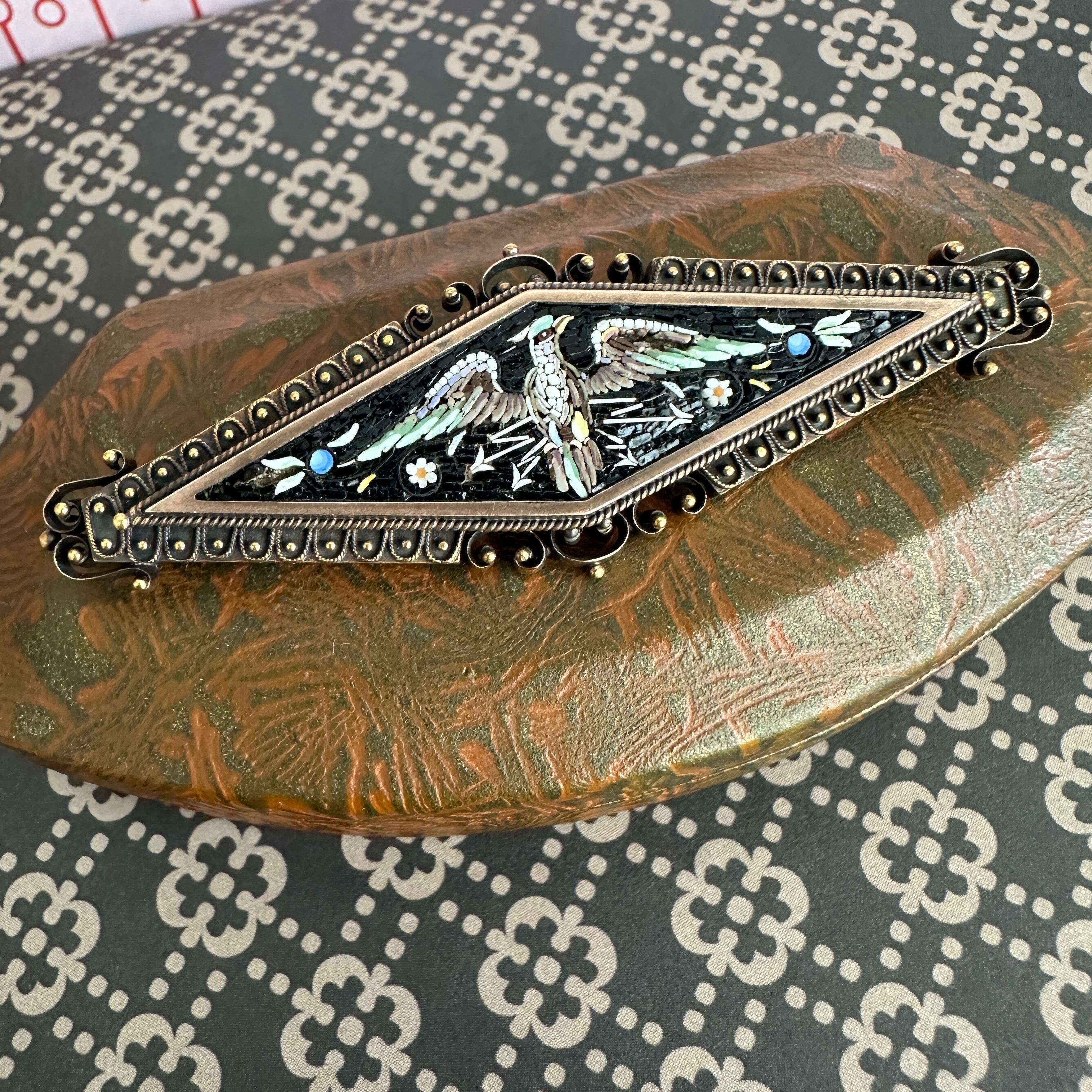 Victorian Phoenix Bird Micro Mosaic 14k Gold Brooch For Sale 11