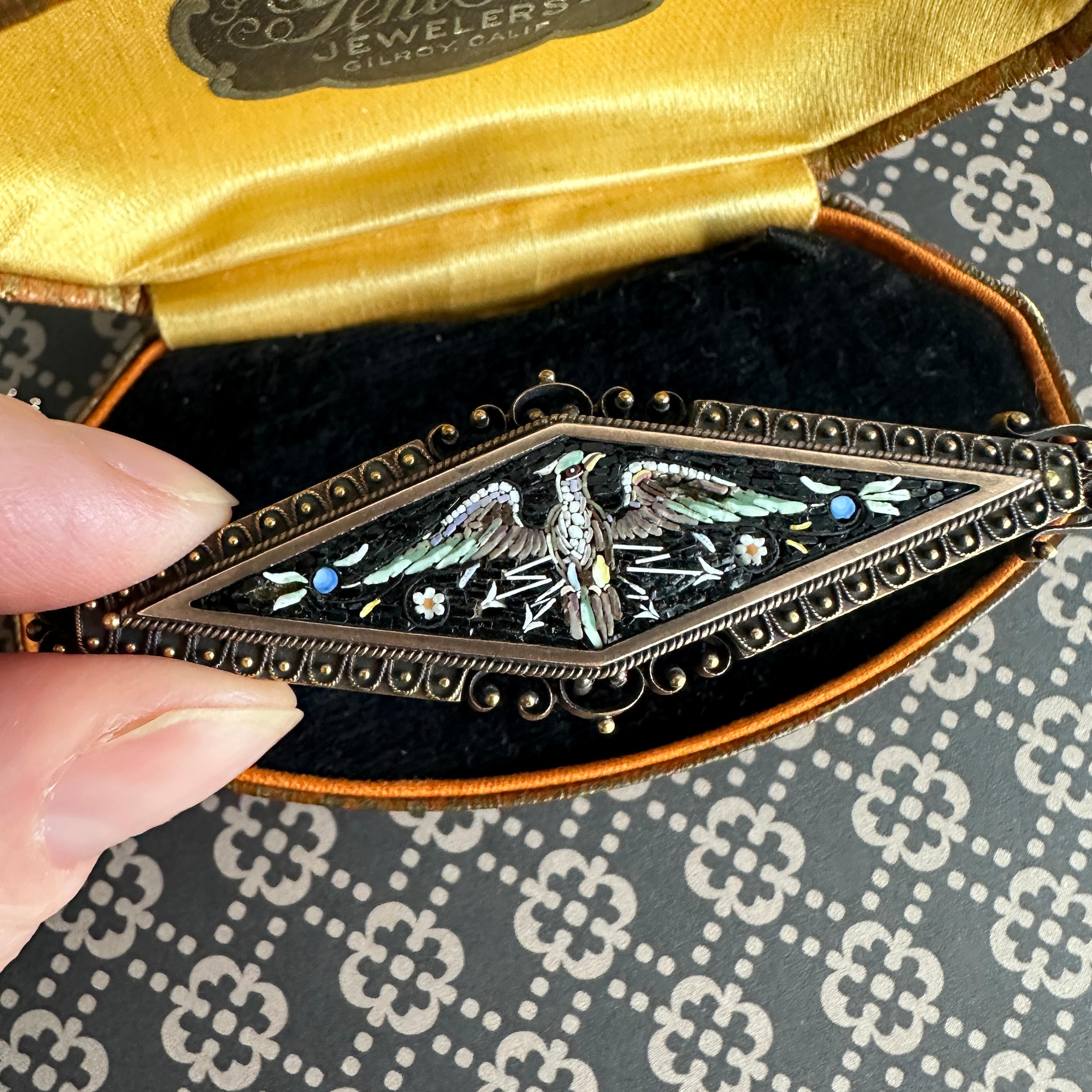Women's or Men's Victorian Phoenix Bird Micro Mosaic 14k Gold Brooch For Sale