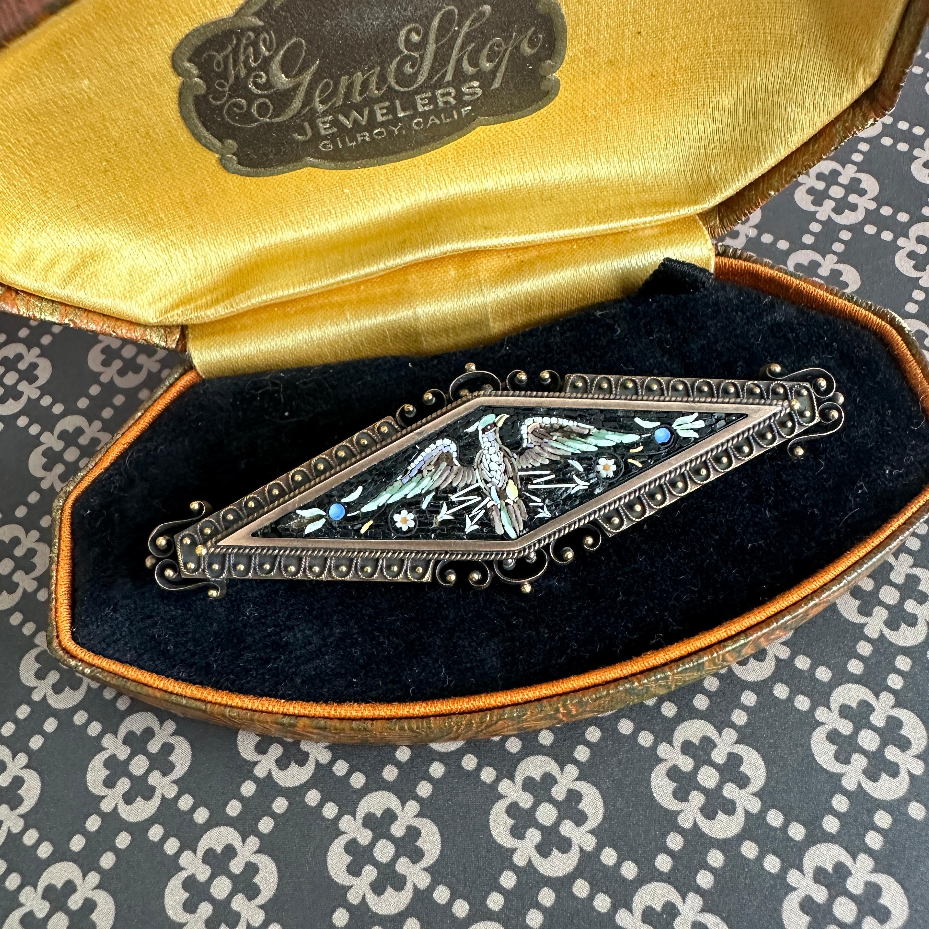 Victorian Phoenix Bird Micro Mosaic 14k Gold Brooch For Sale 1