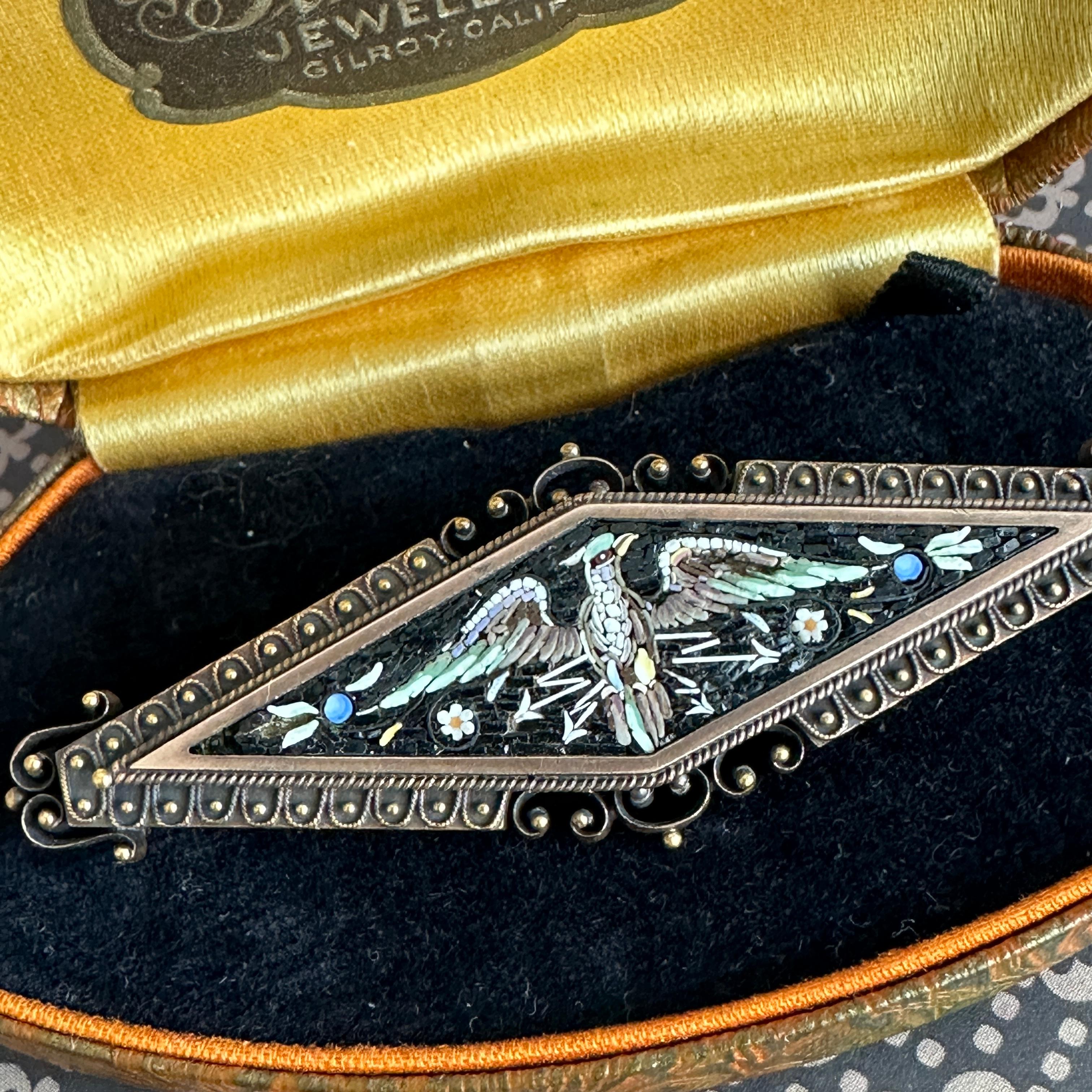 Victorian Phoenix Bird Micro Mosaic 14k Gold Brooch For Sale 2