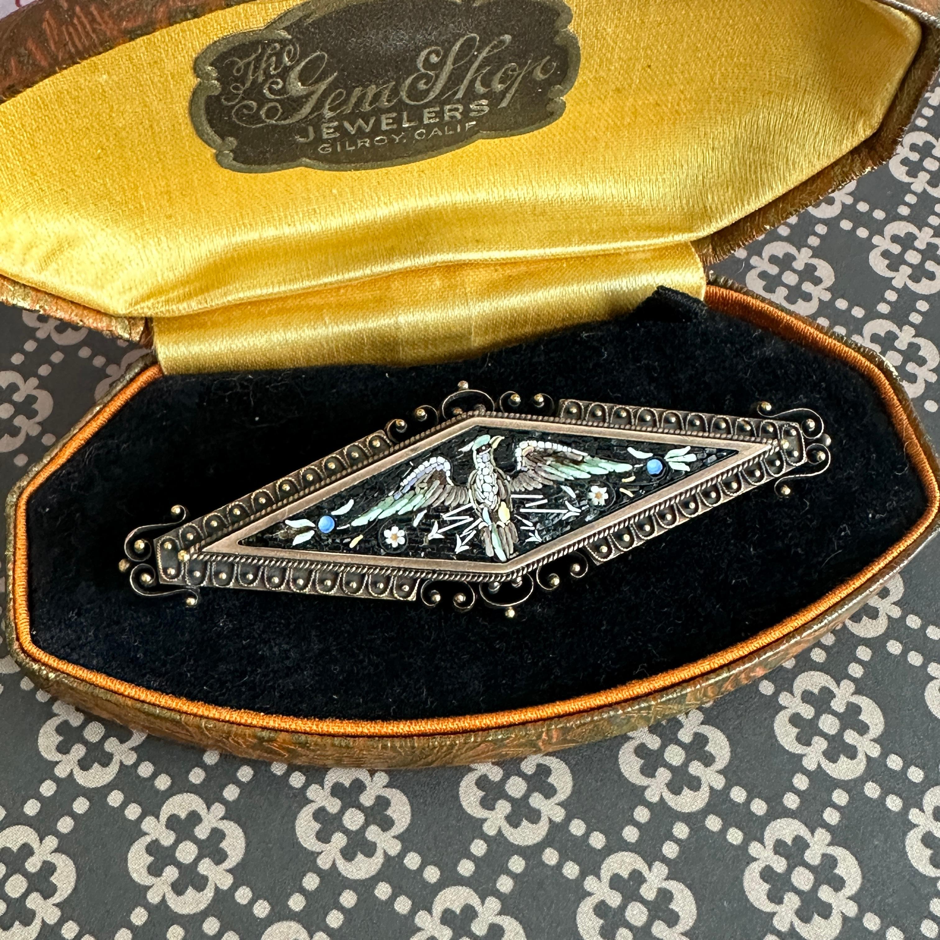Victorian Phoenix Bird Micro Mosaic 14k Gold Brooch For Sale 3