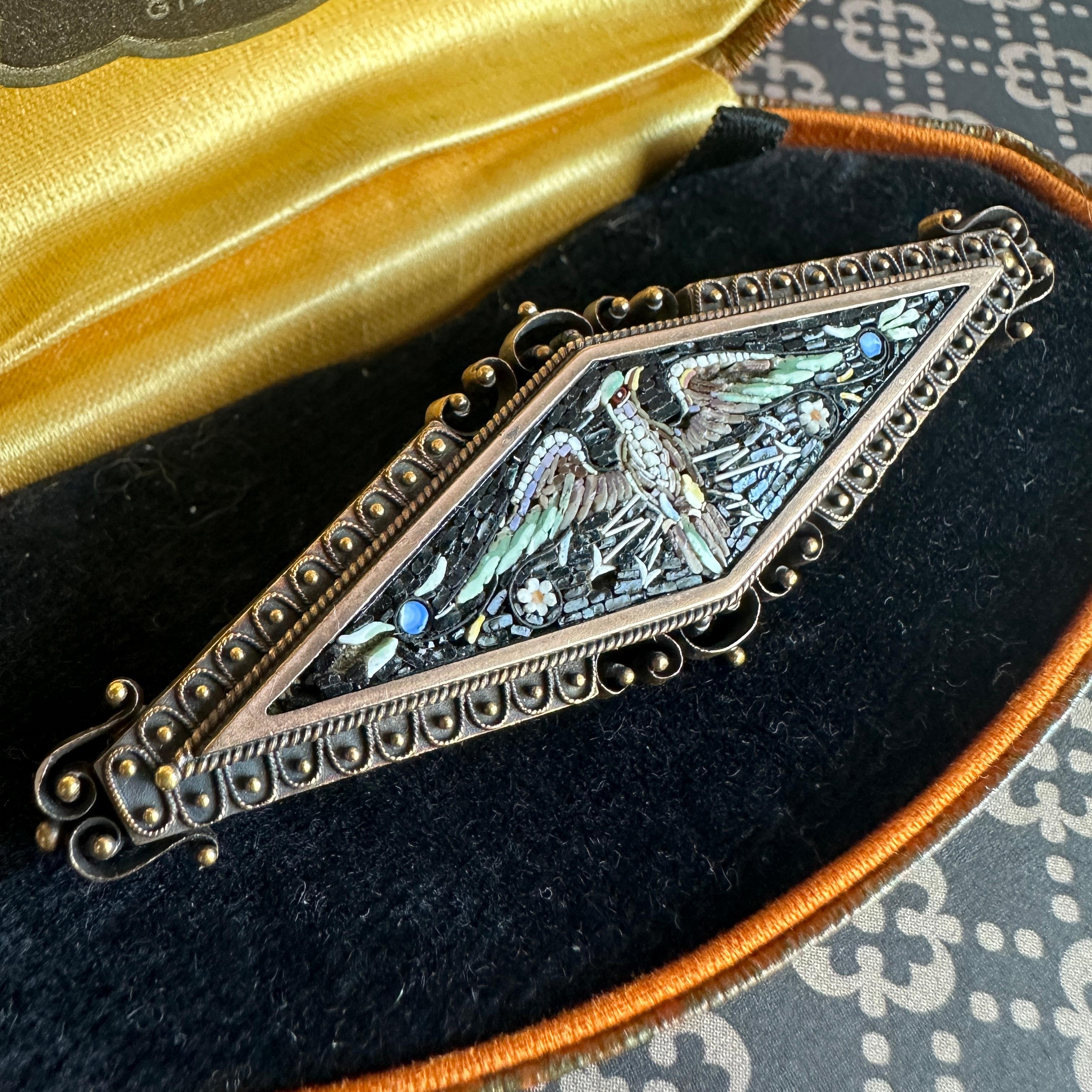 Victorian Phoenix Bird Micro Mosaic 14k Gold Brooch For Sale 5